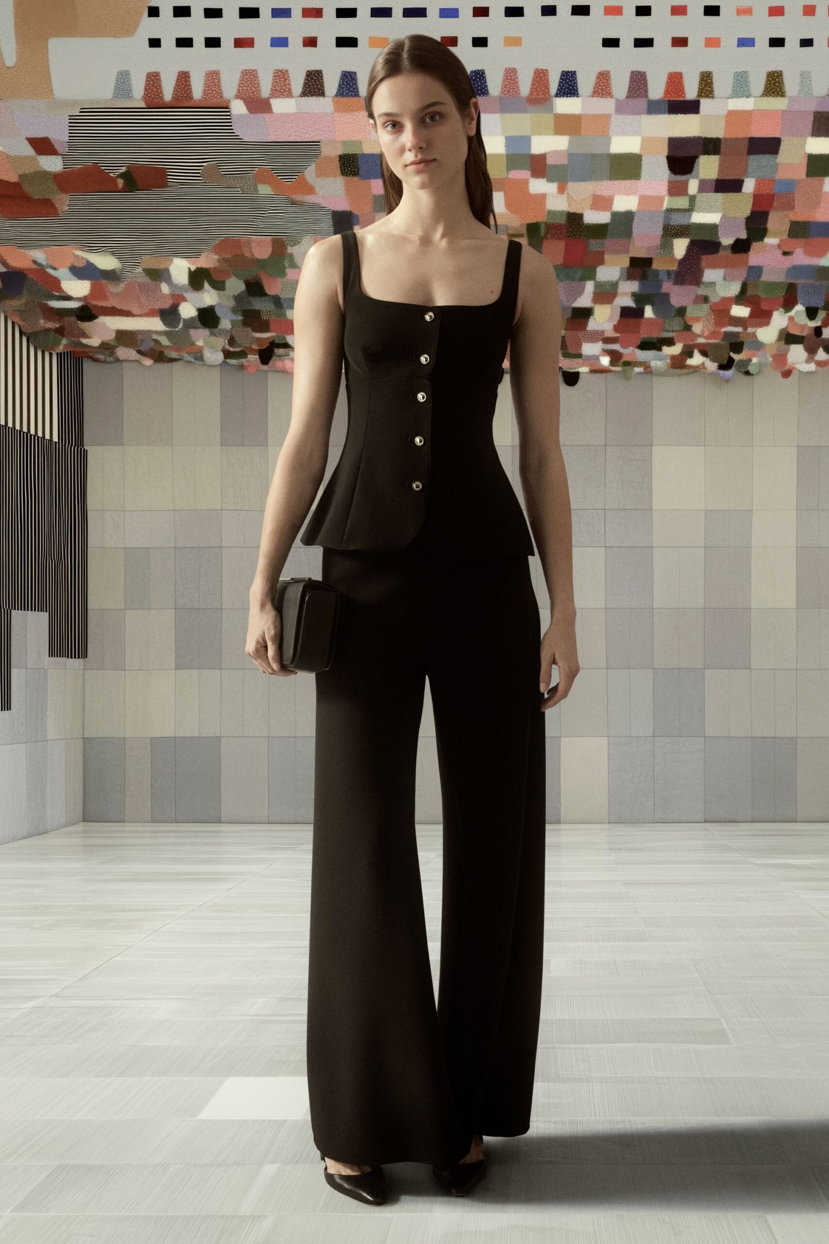 black fitted top with wide-leg pants