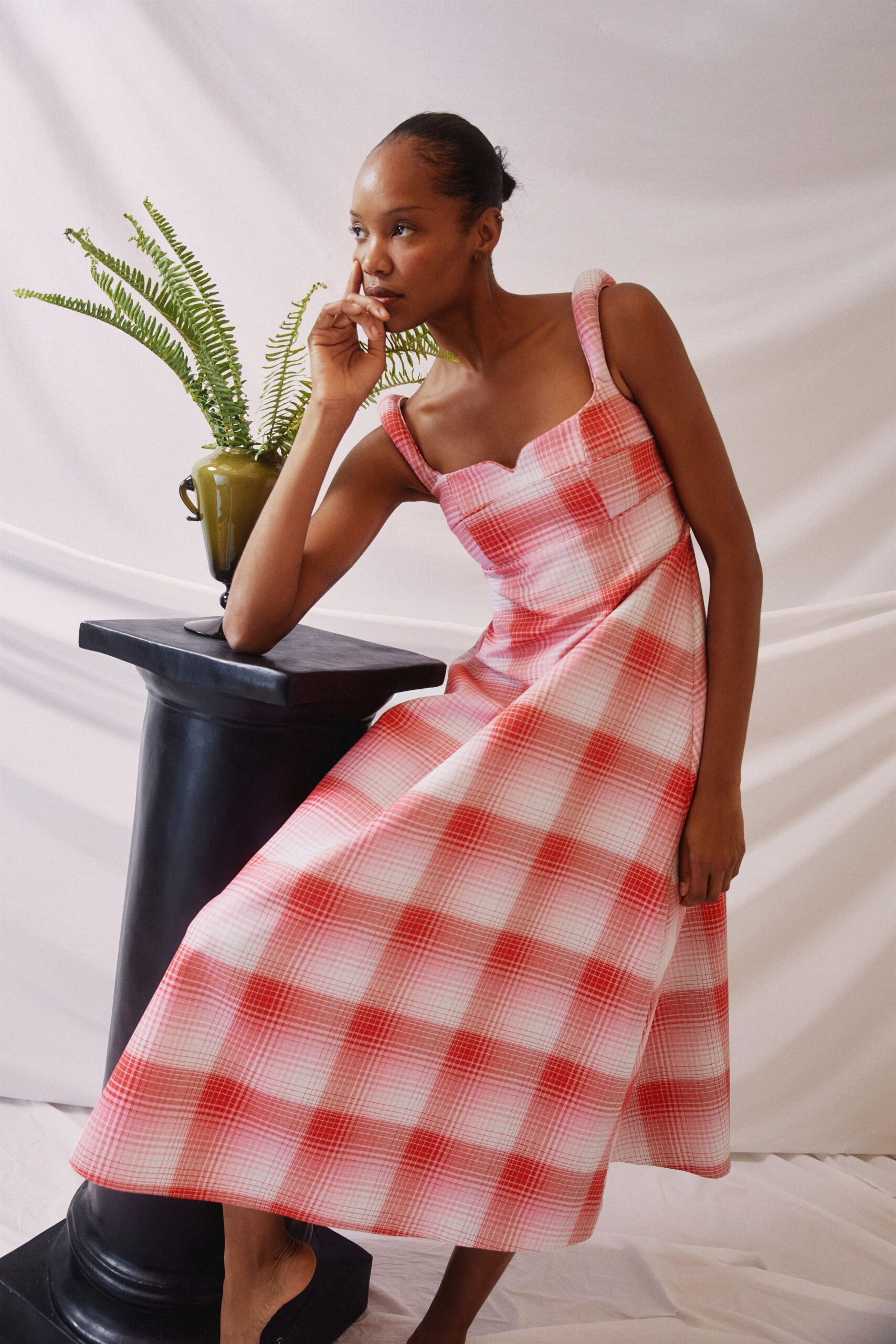 red and white checked midi dress