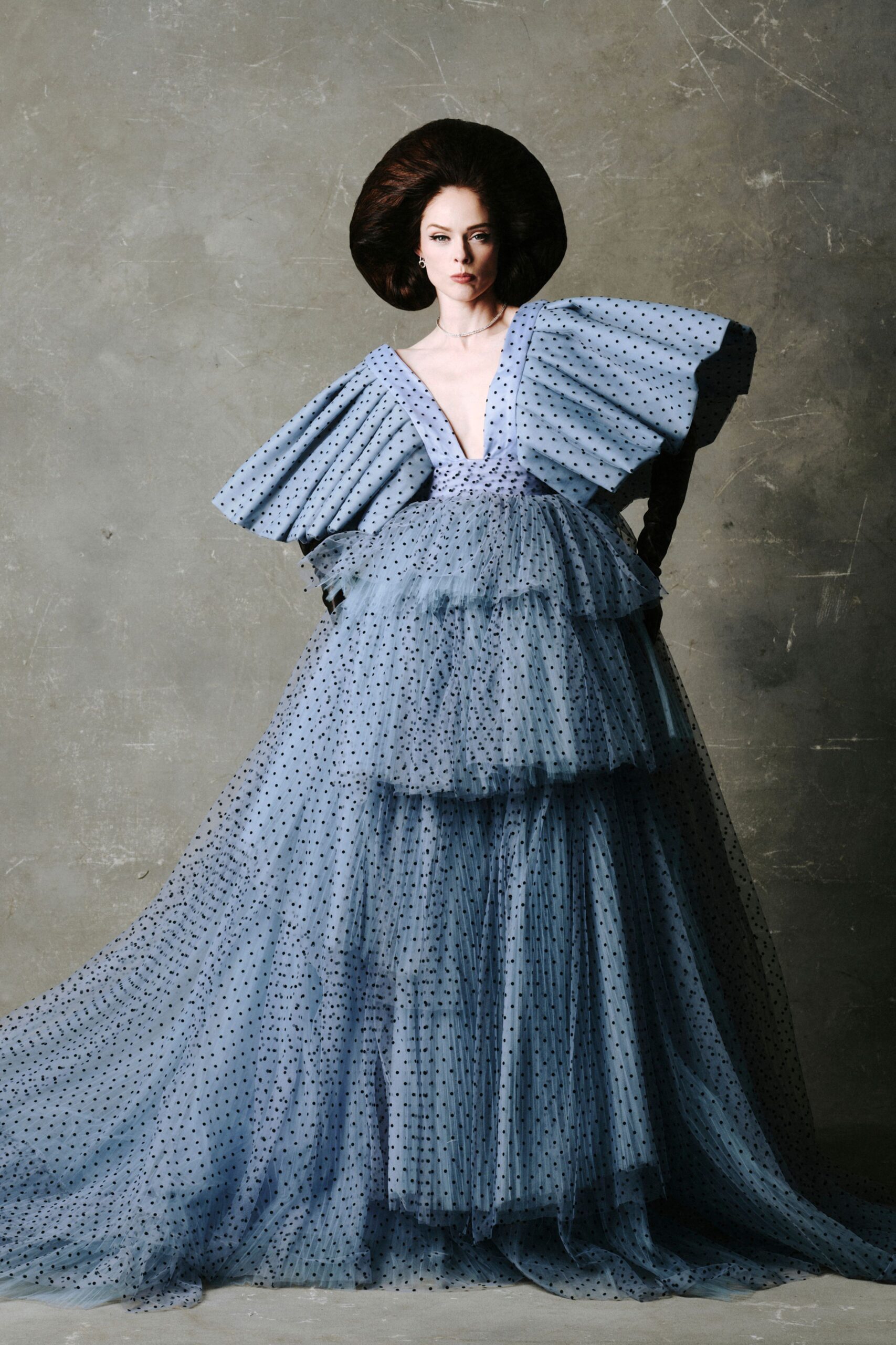 blue tulle tiered gown with hat
