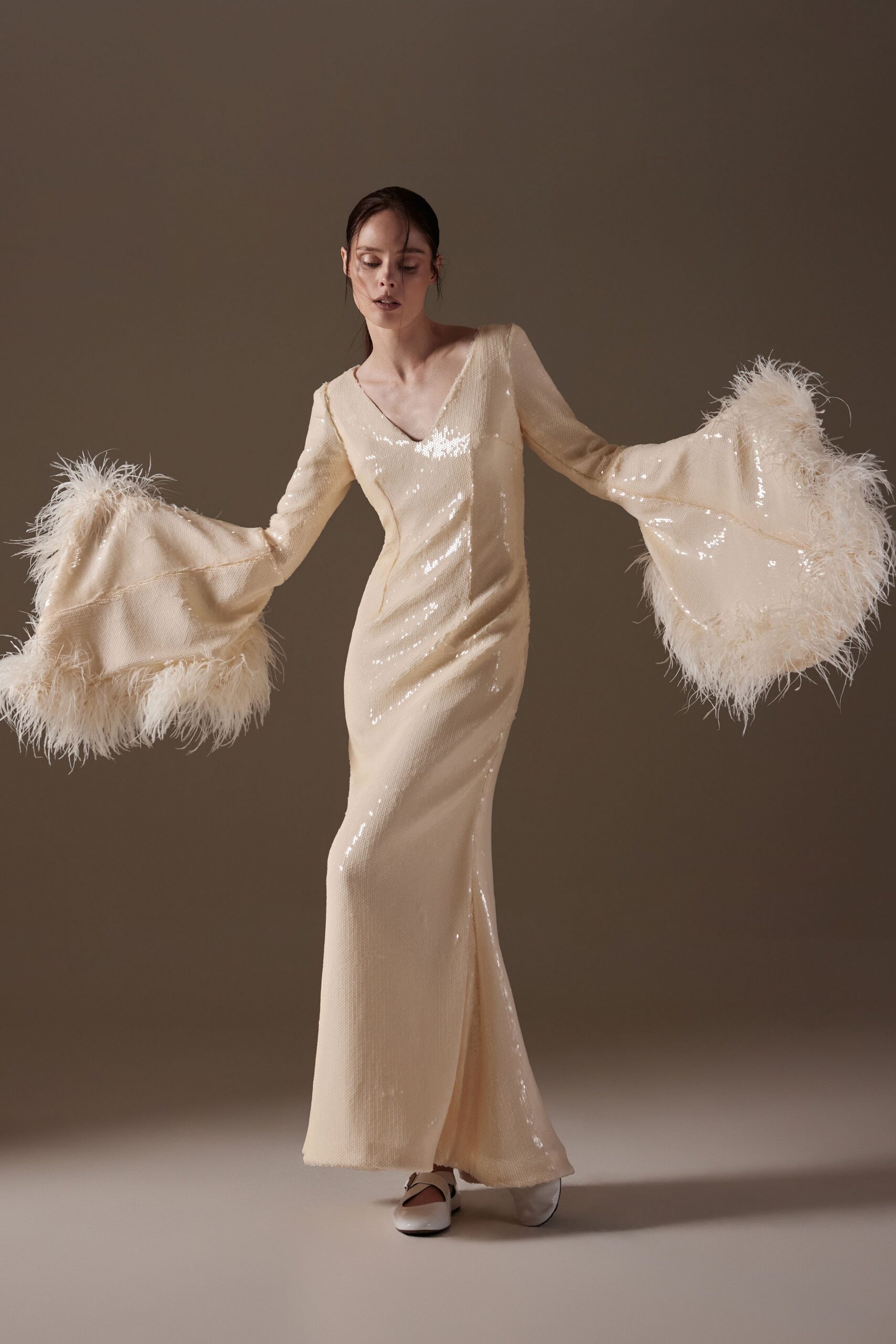 beige sequin long-sleeve v-neck fitted draped embellished gown