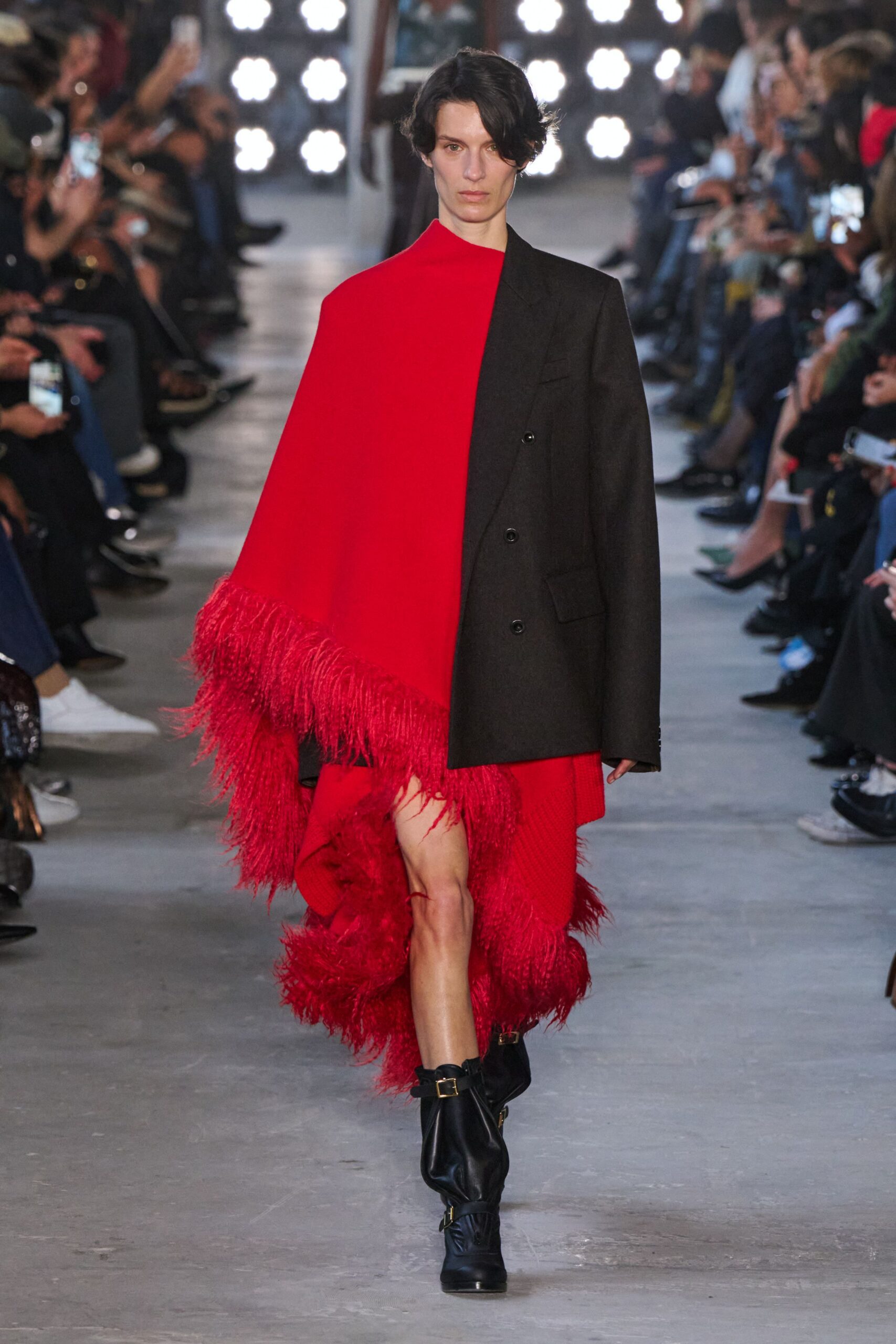 red cape black blazer red dress
