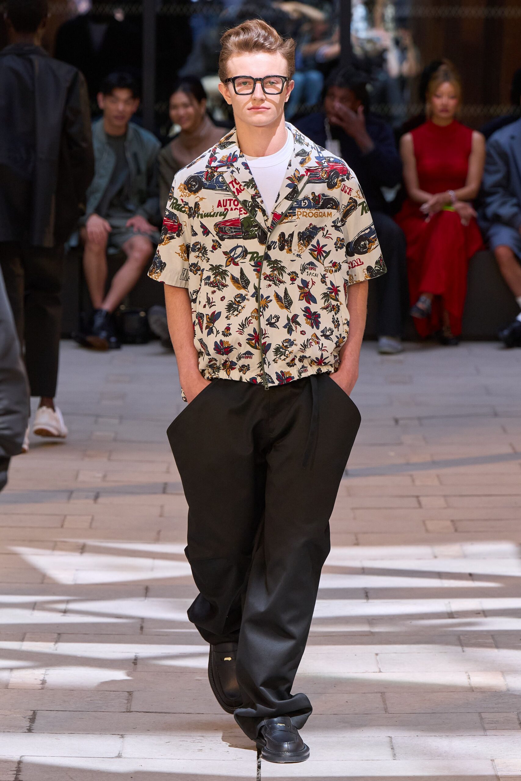 beige floral shirt black pants