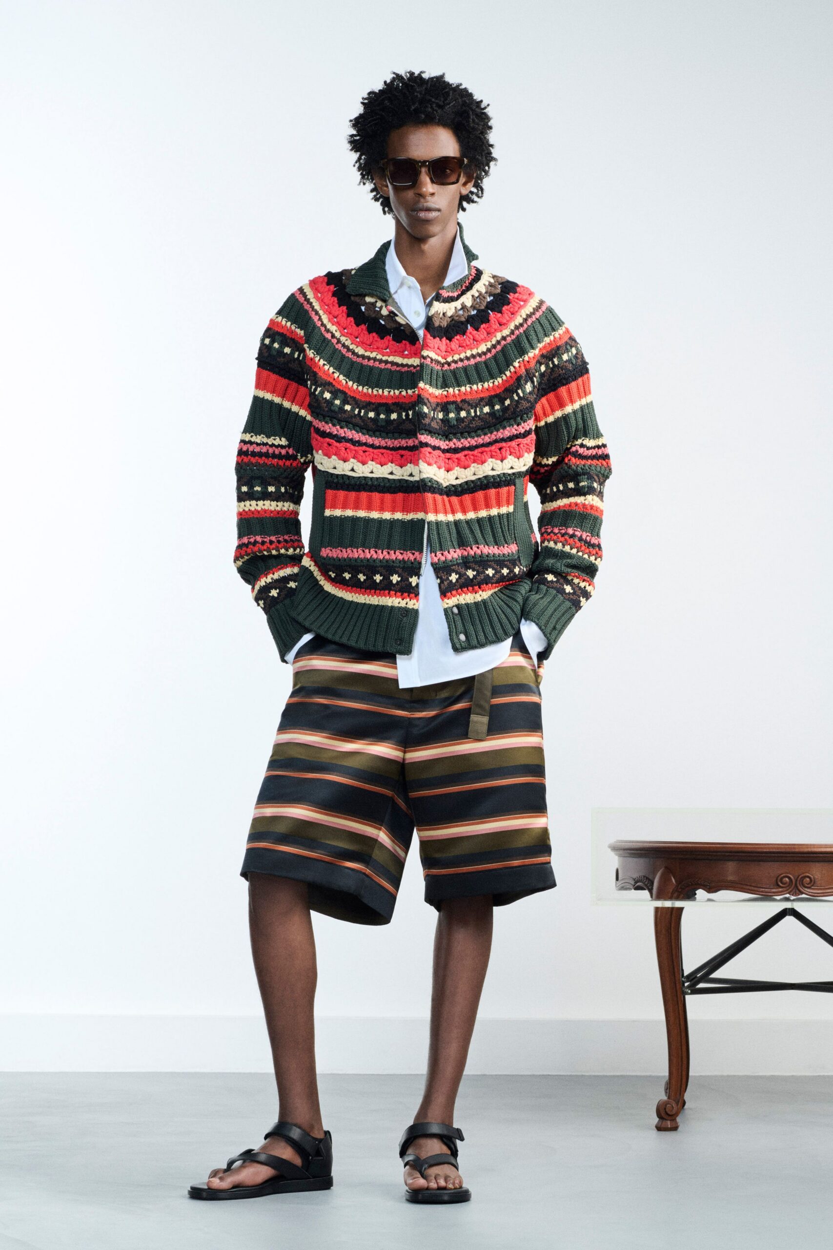 green cotton long-sleeve collared relaxed embroidered layered jacket