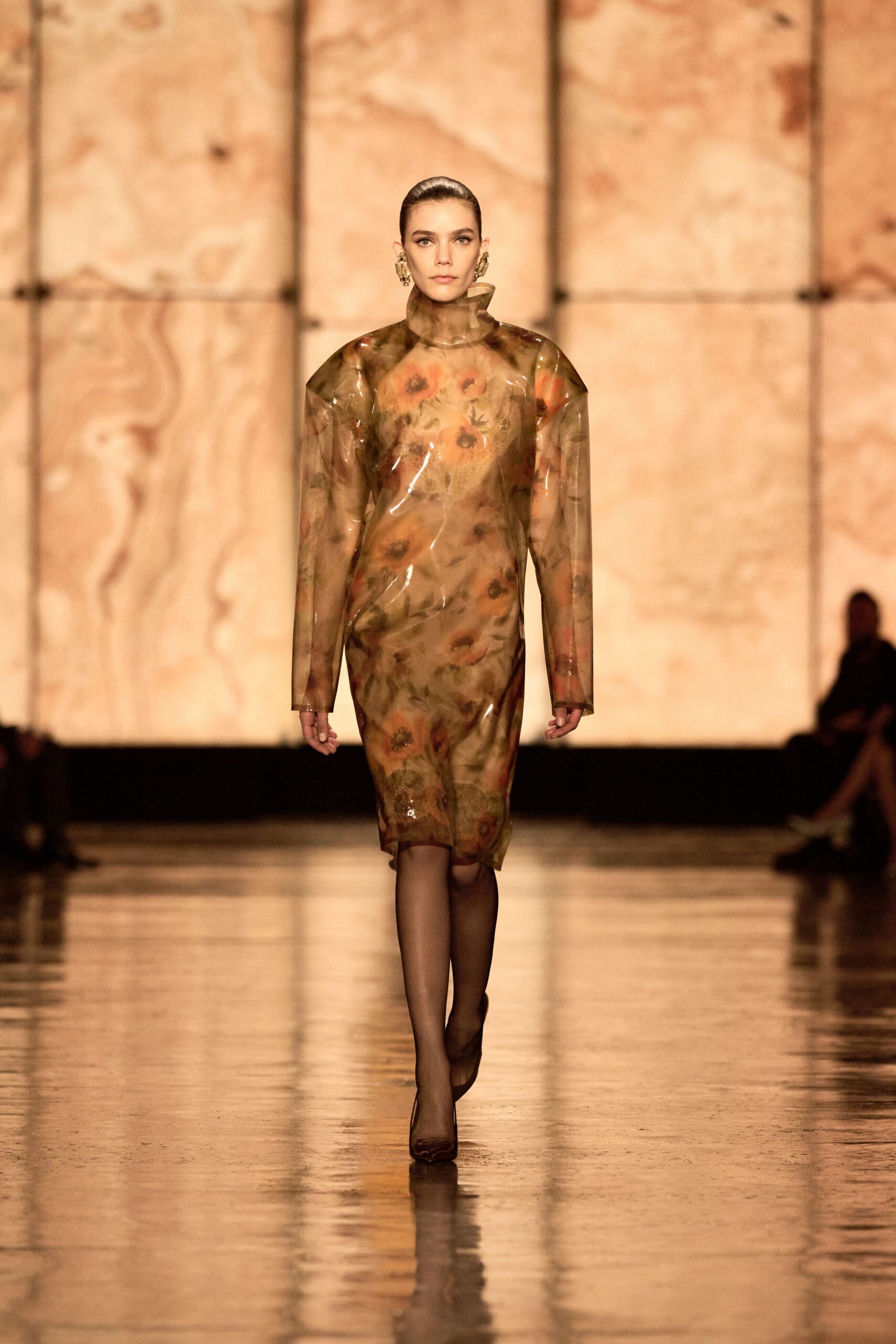brown vinyl long-sleeve high-neck fitted flared shiny dress