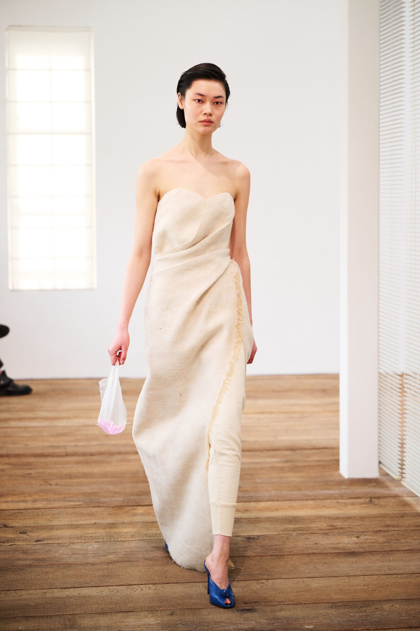 white cotton strapless fitted draped maxi gown