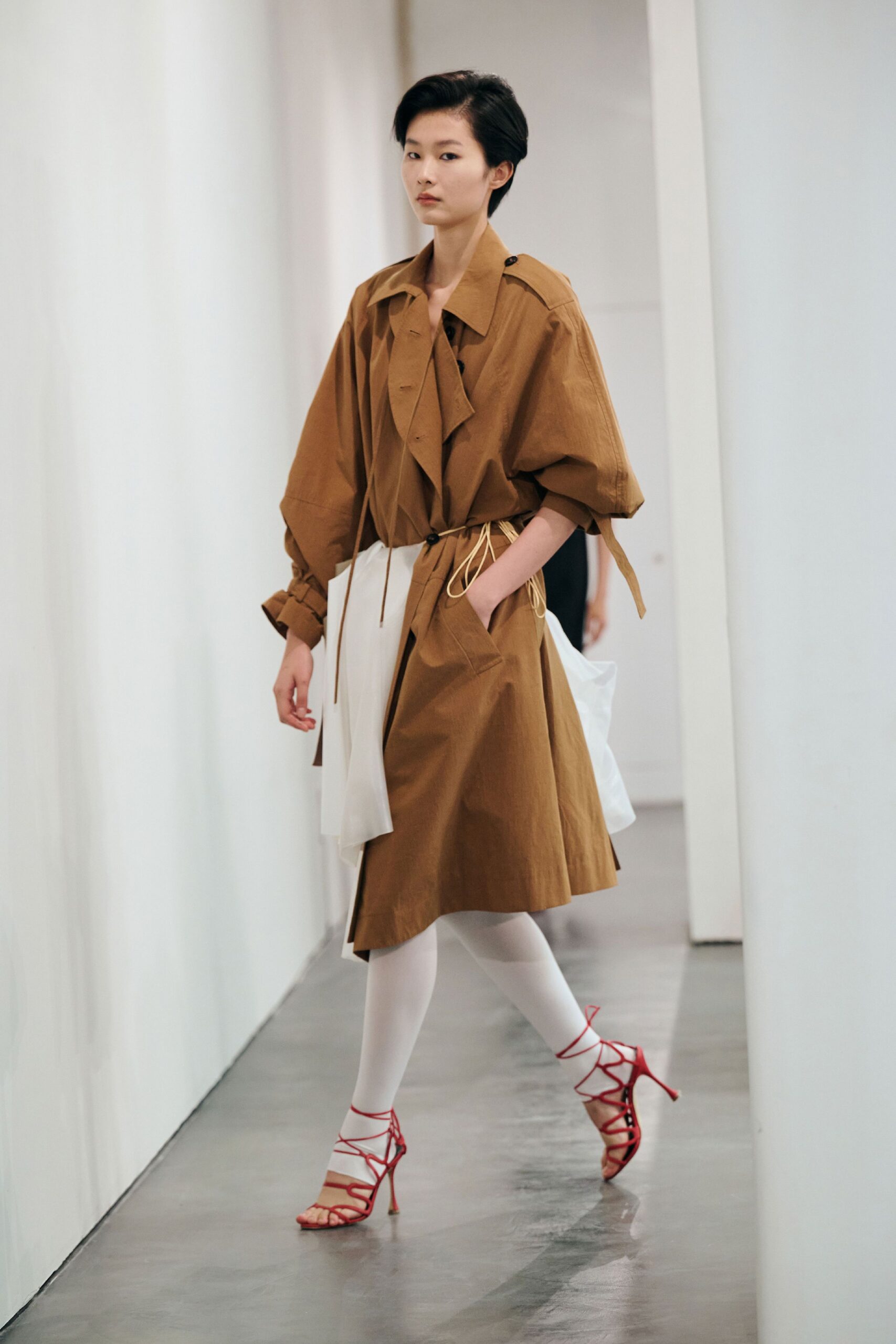 brown cotton long-sleeve collared oversized belted midi dress