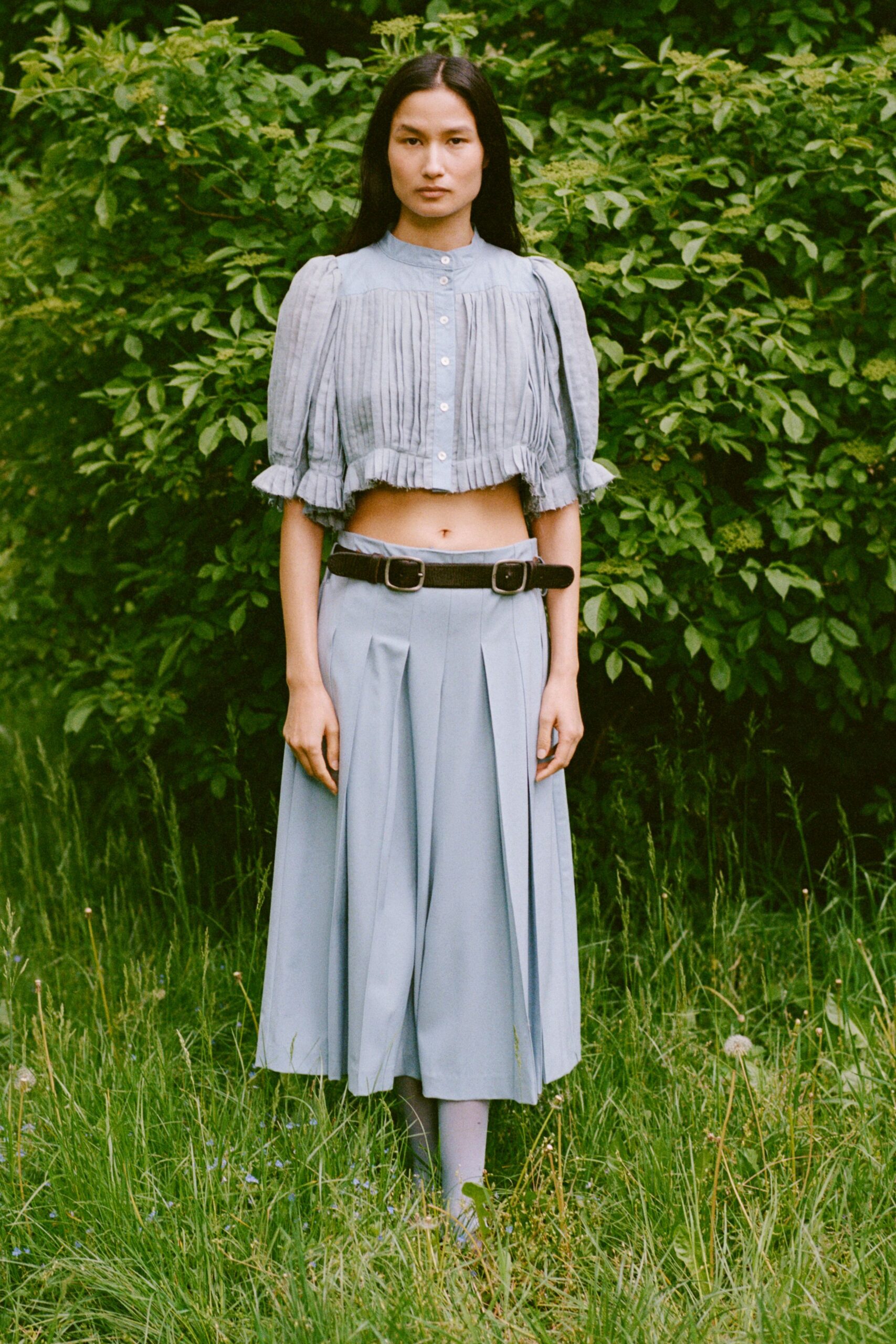 blue cotton fitted pleated midi skirt