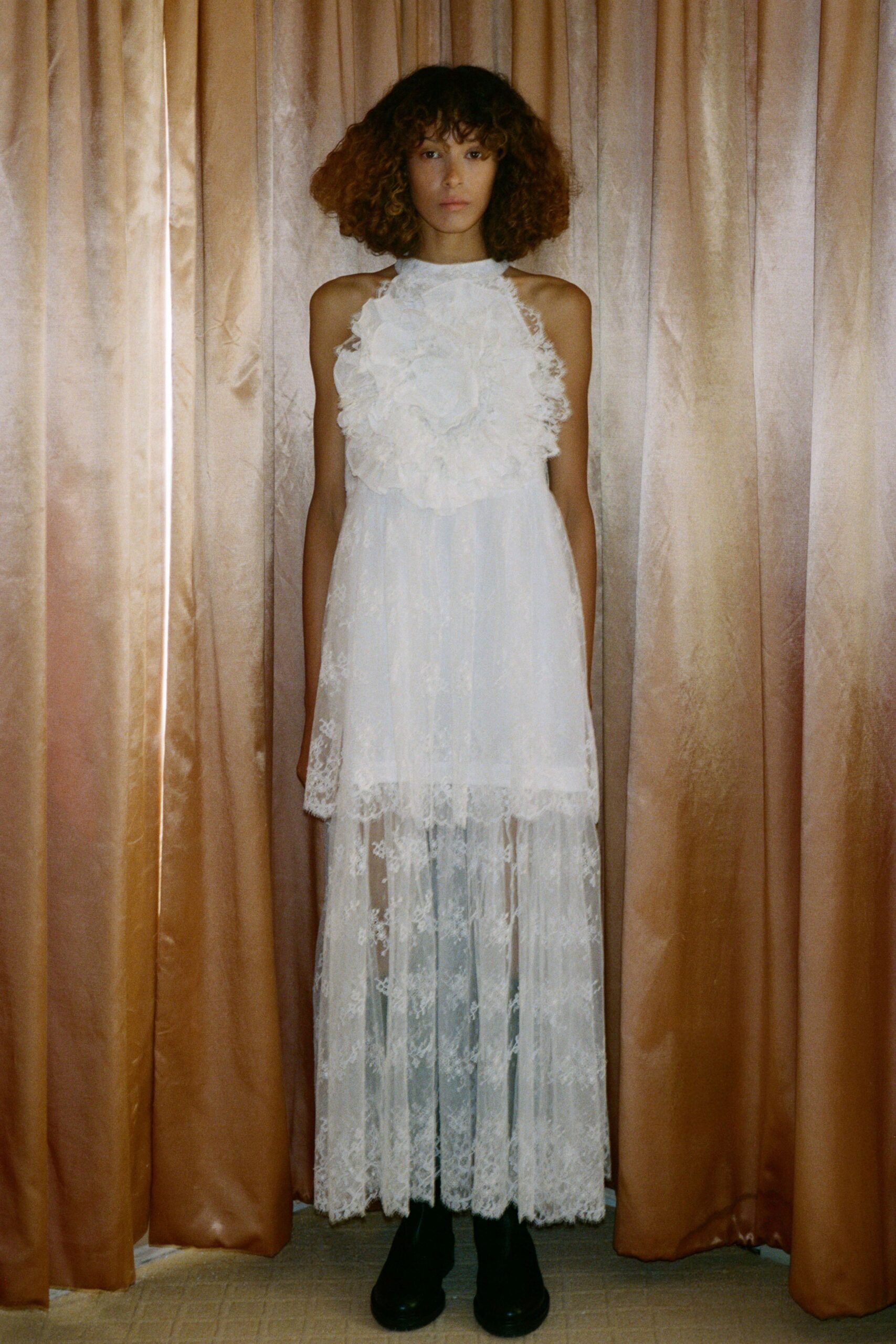 white lace sleeveless high-neck fitted layered ruffled dress