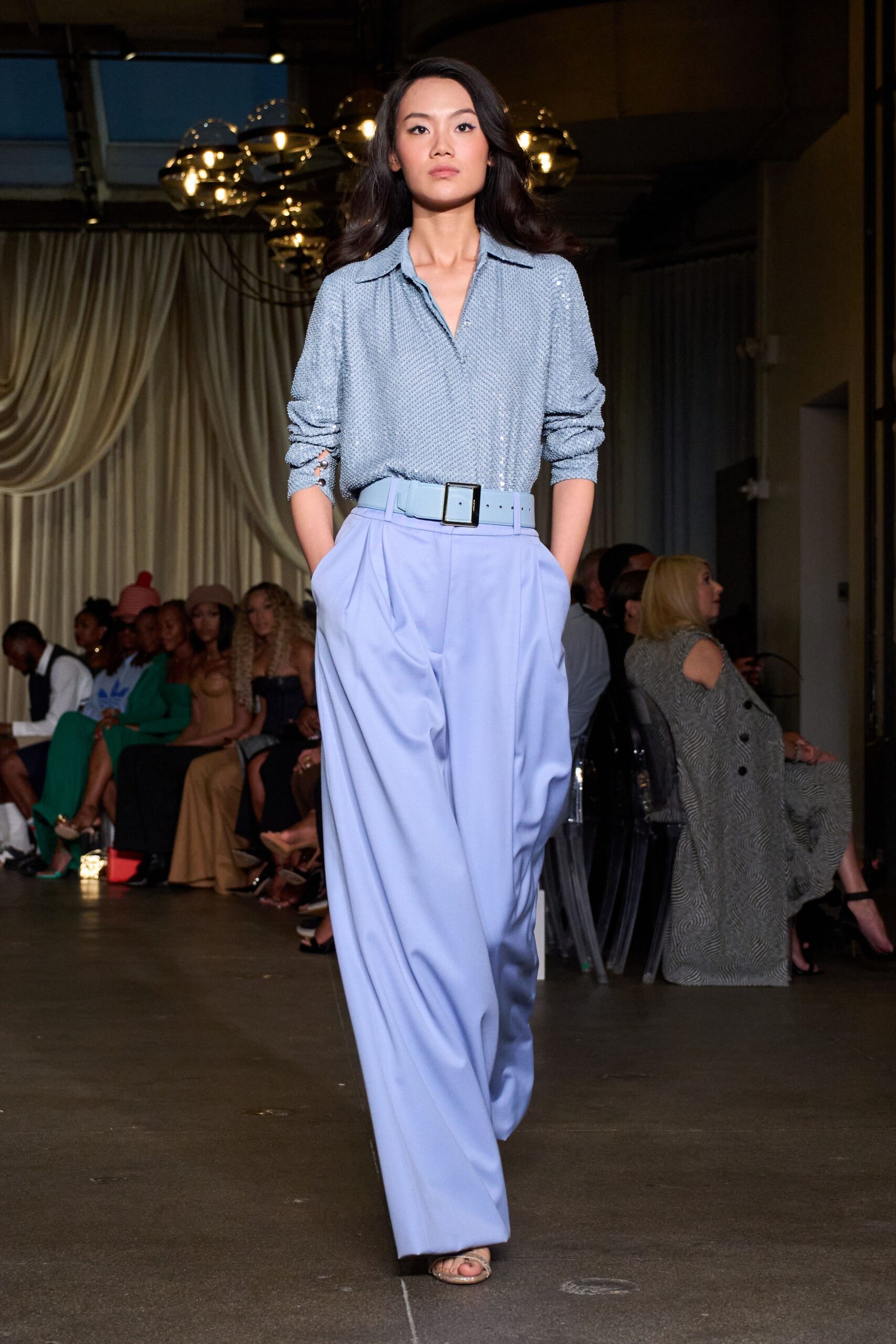 blue relaxed shirt lavender pants