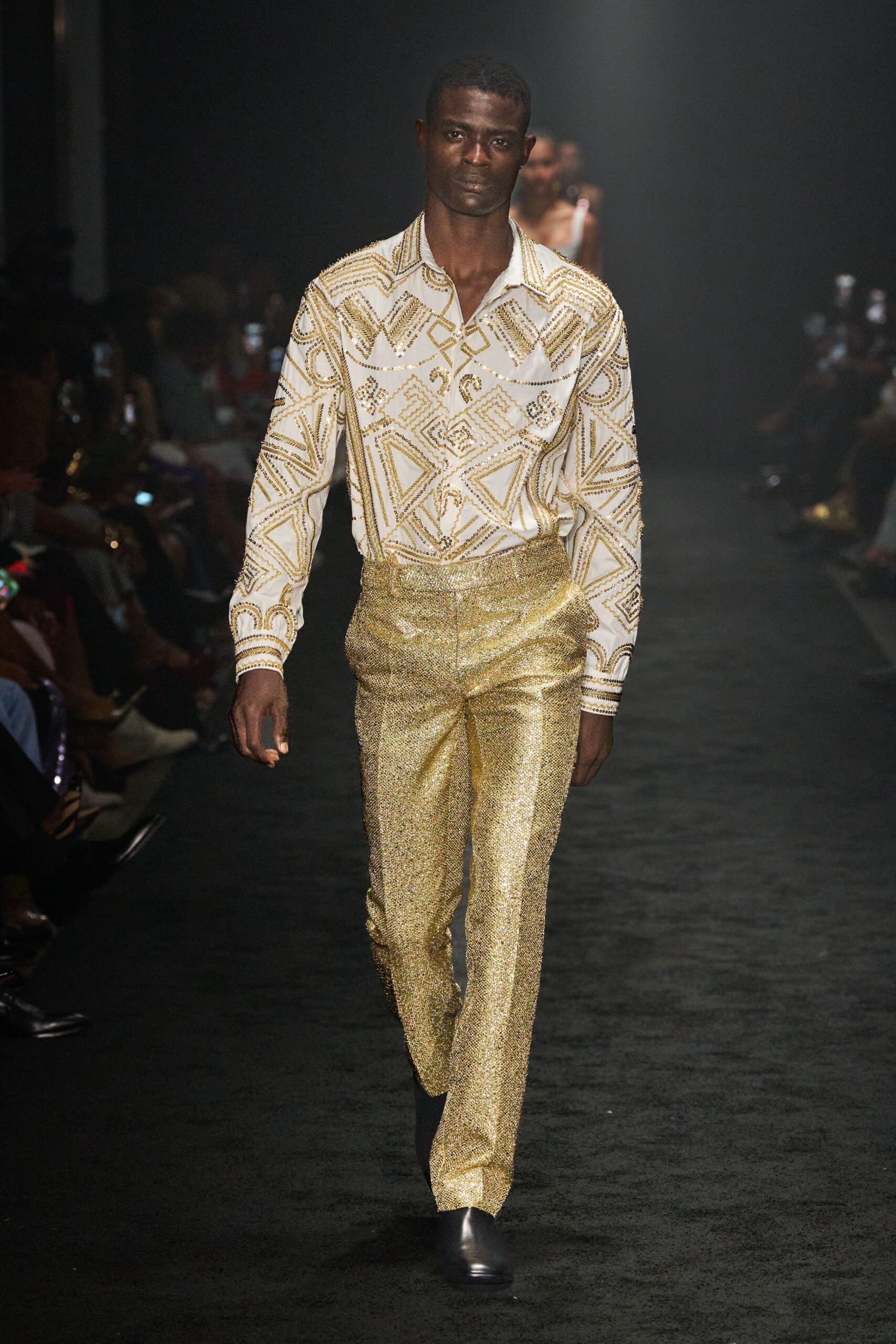 gold cotton fitted straight-leg textured pants