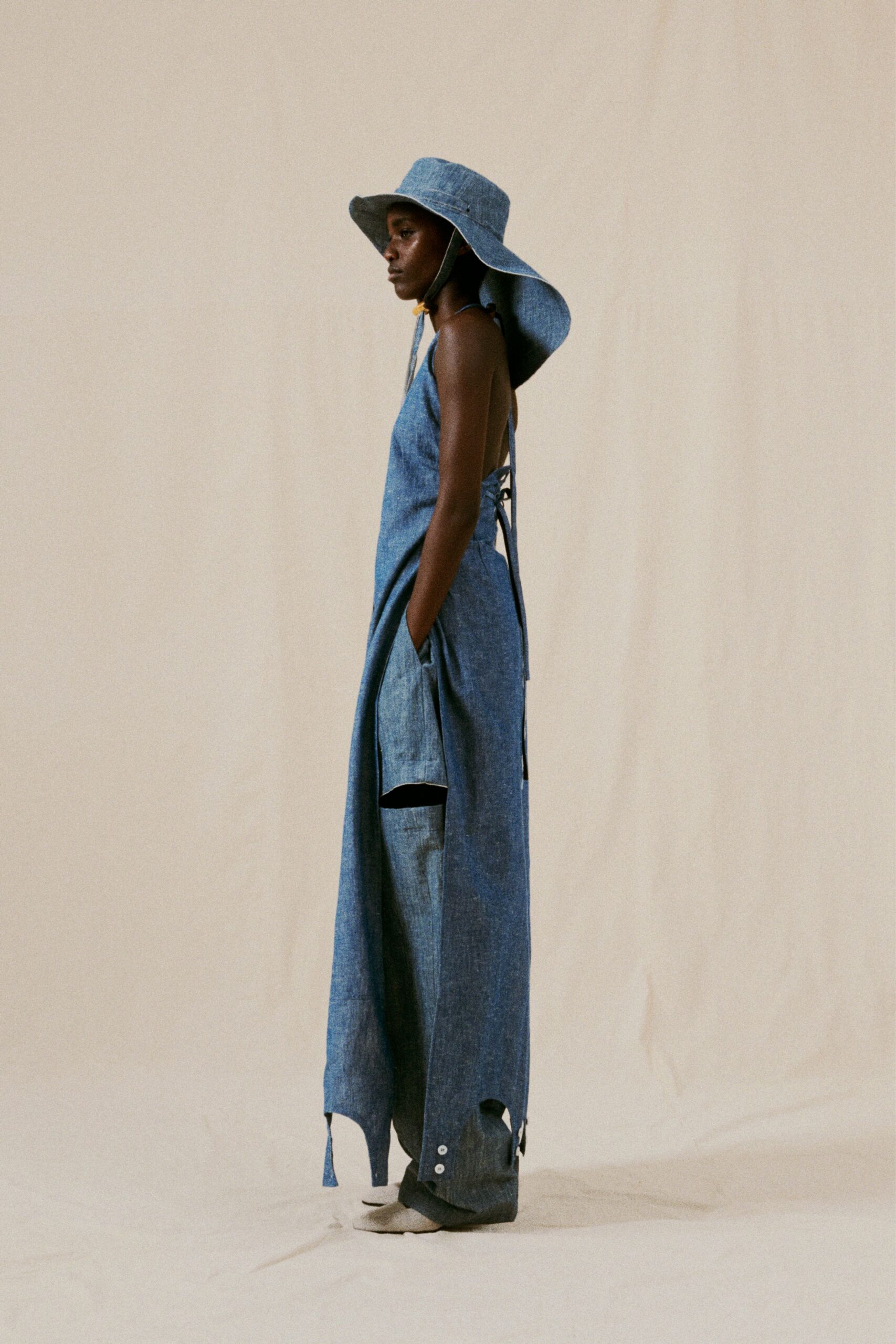 blue denim sleeveless relaxed pockets tiered maxi dress