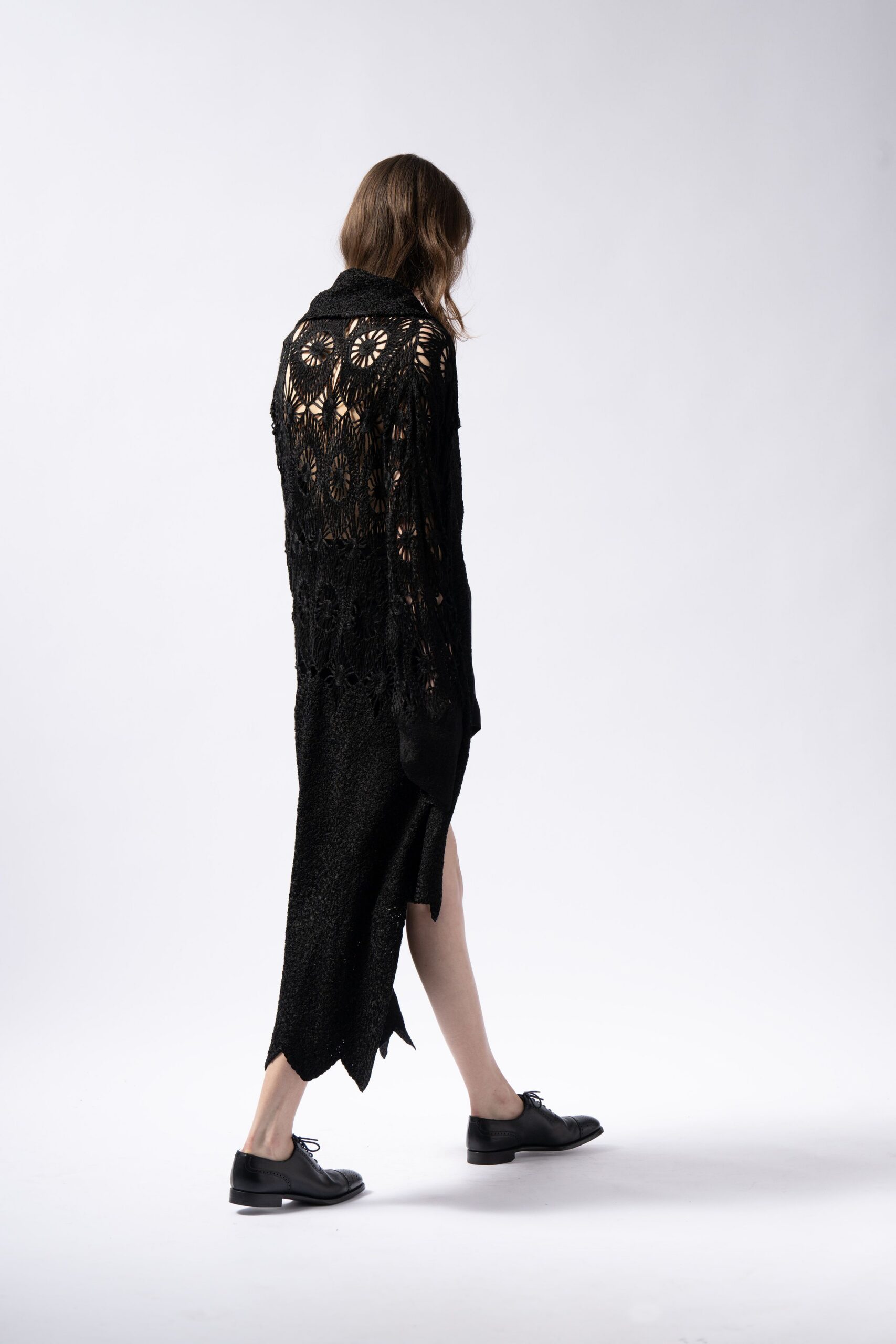 black lace long-sleeve v-neck relaxed draped tiered dress