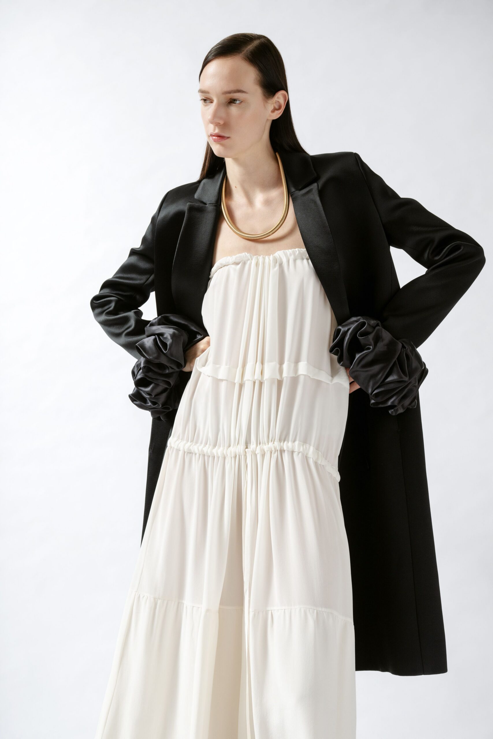 black silk long-sleeve collared structured buttoned coat