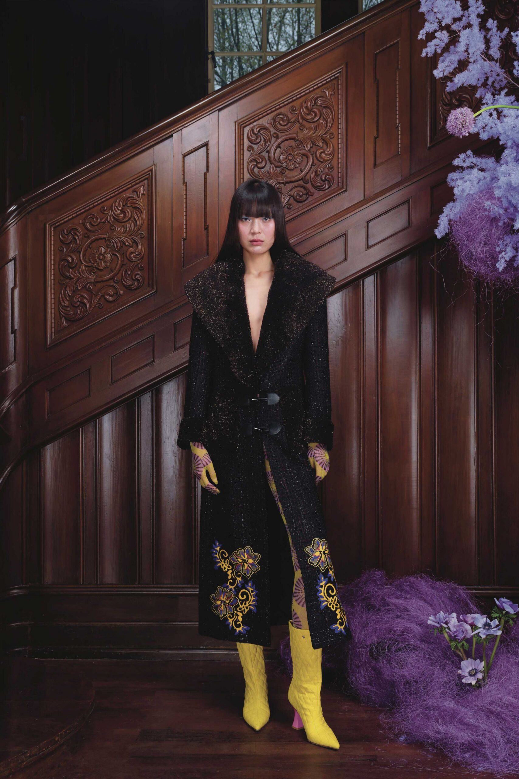 black wool long-sleeve v-neck fitted embroidered midi coat