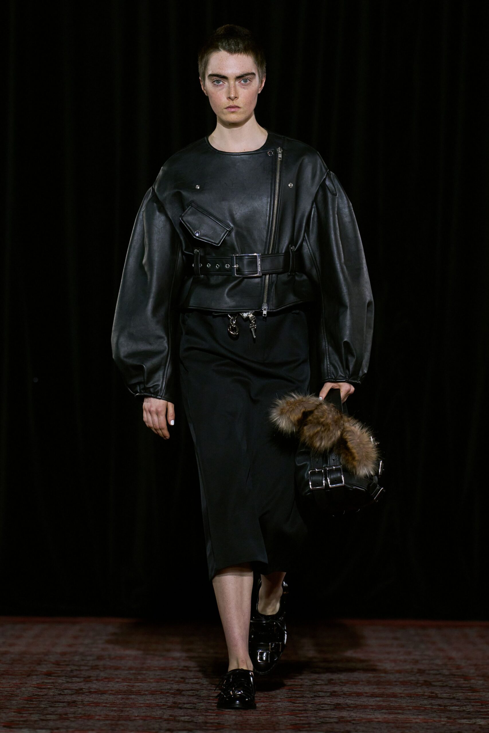 black leather long-sleeve collared fitted zippered padded top