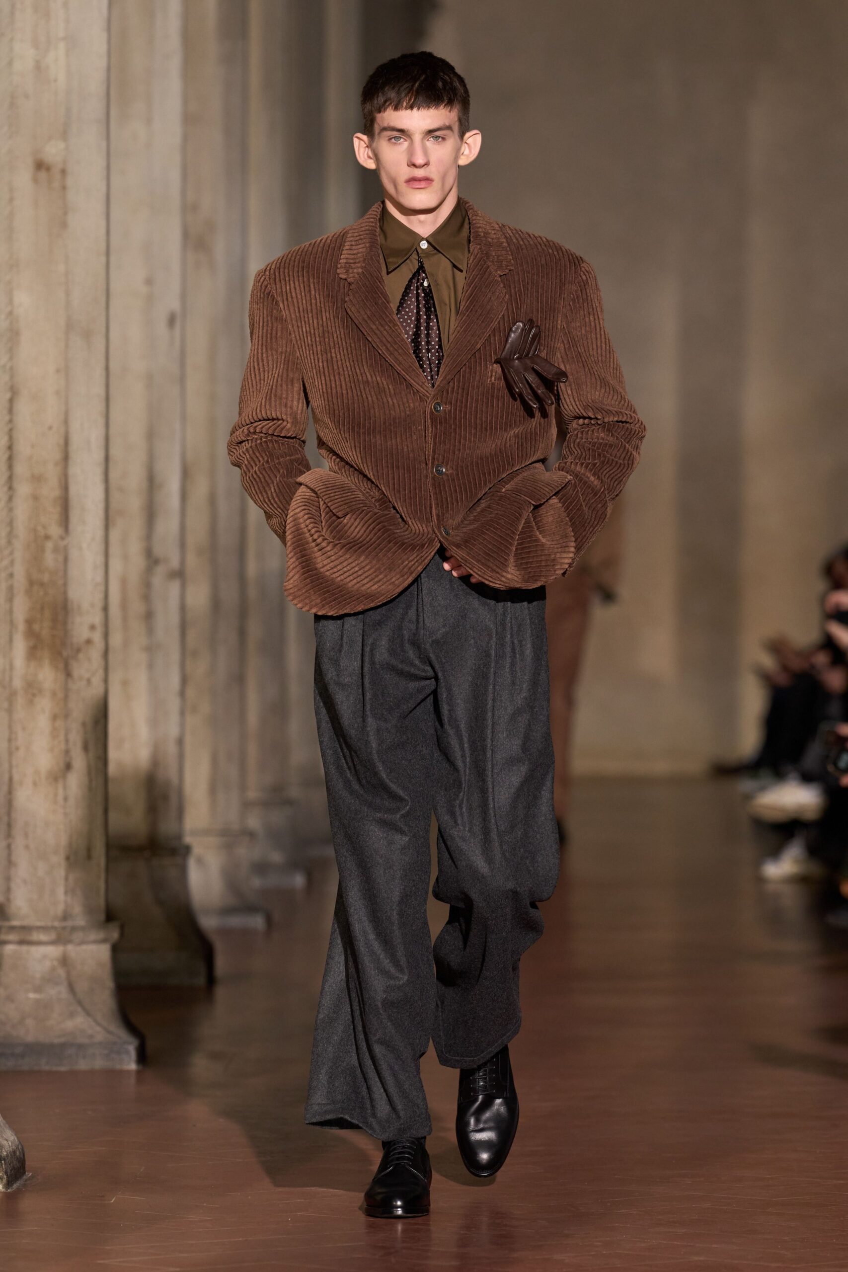 brown corduroy blazer with gray pants
