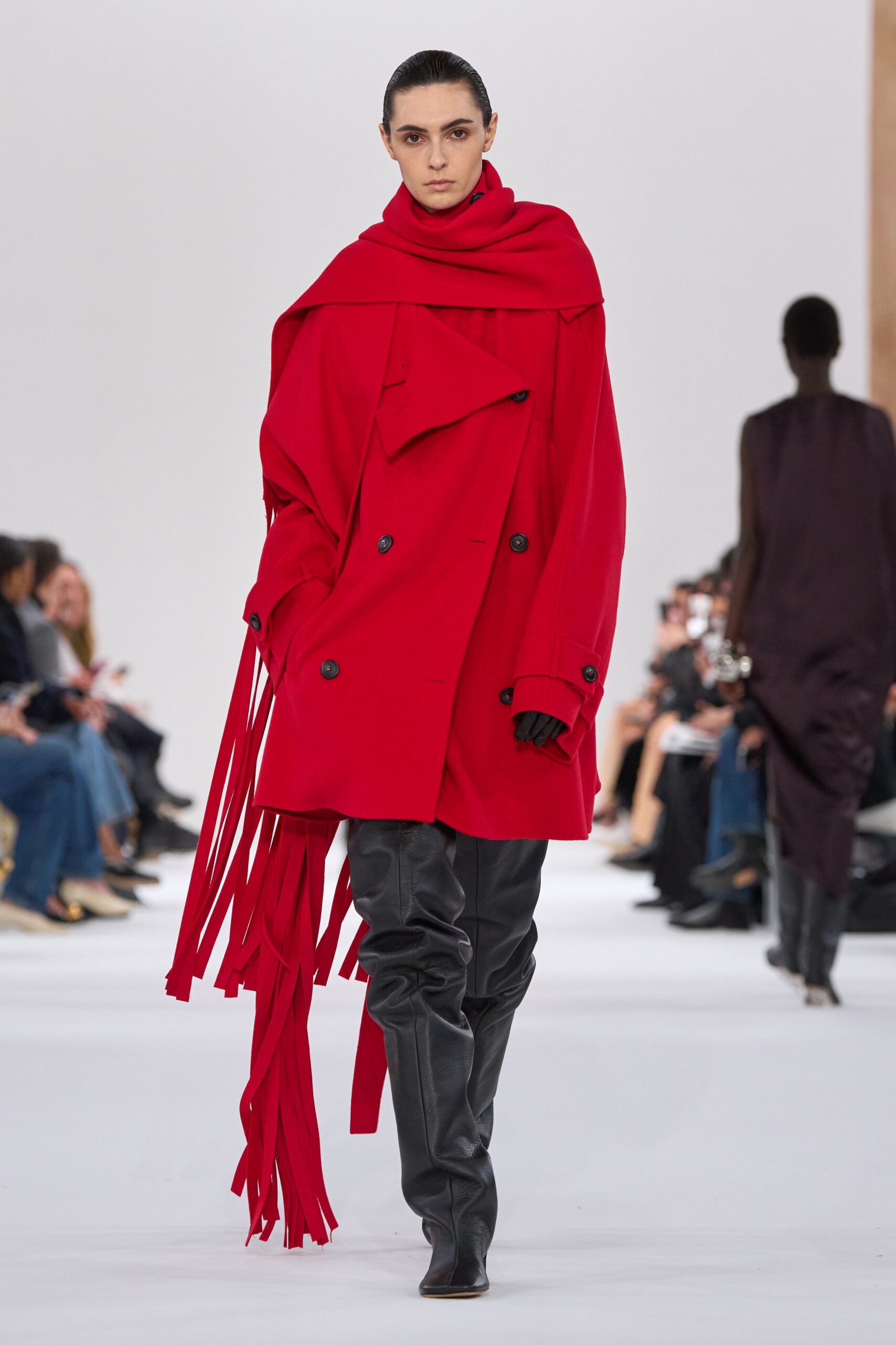red wool long-sleeve collared oversized fringed buttoned coat