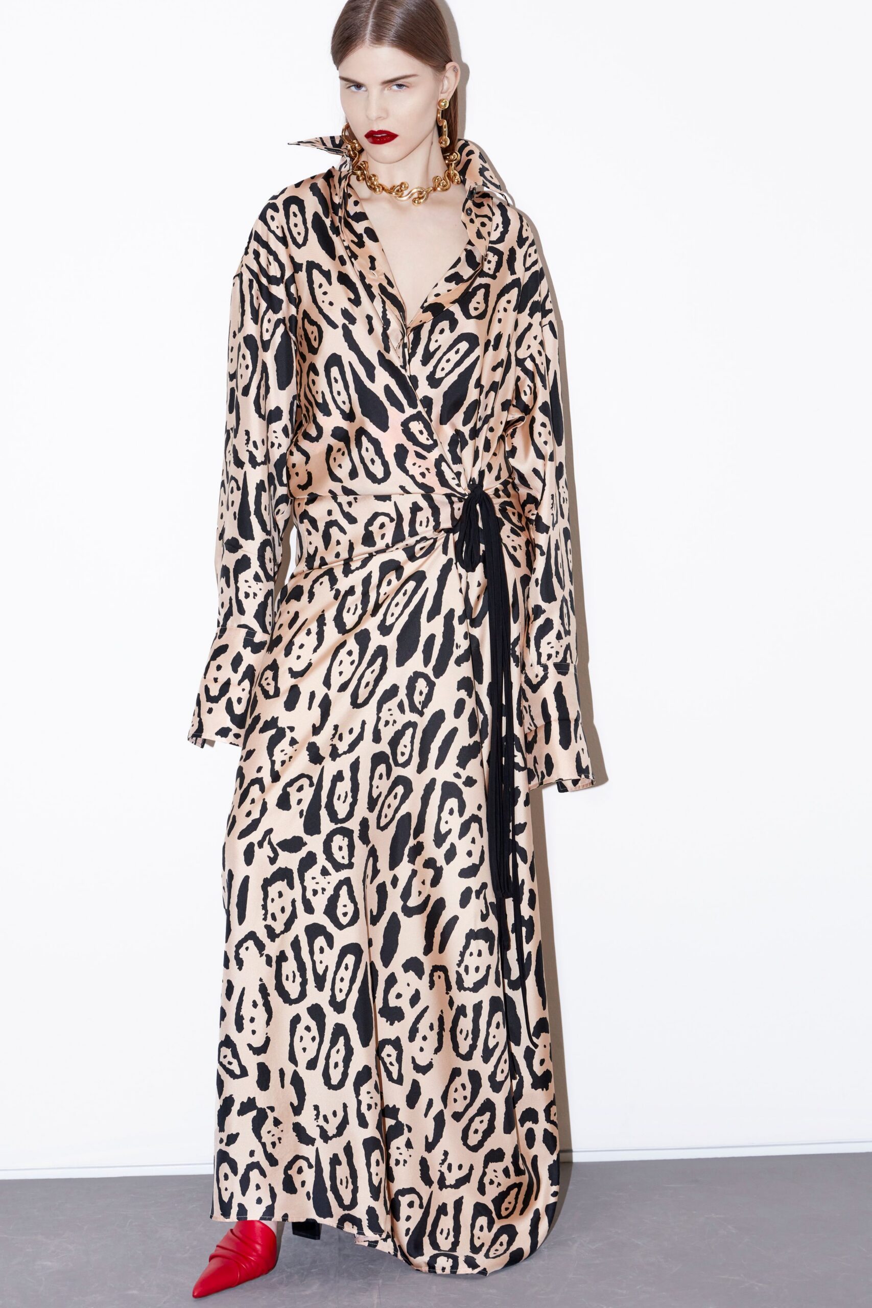 beige silk long-sleeve collared relaxed printed maxi dress