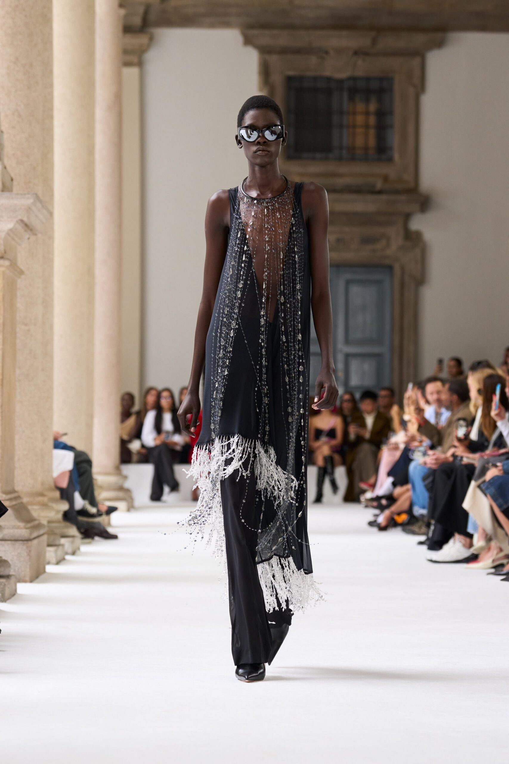 black silk sleeveless v-neck fitted draped fringed dress