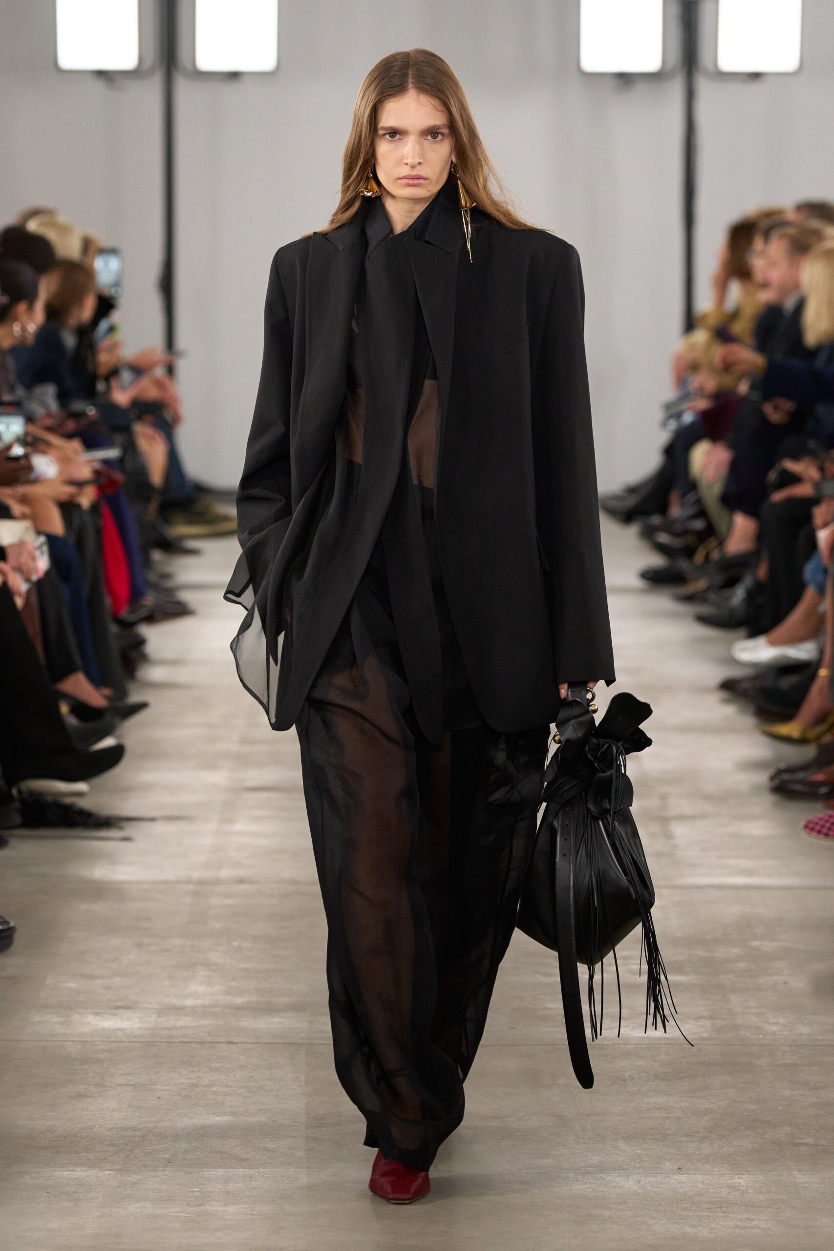 black silk long-sleeve collared oversized layered sheer jacket