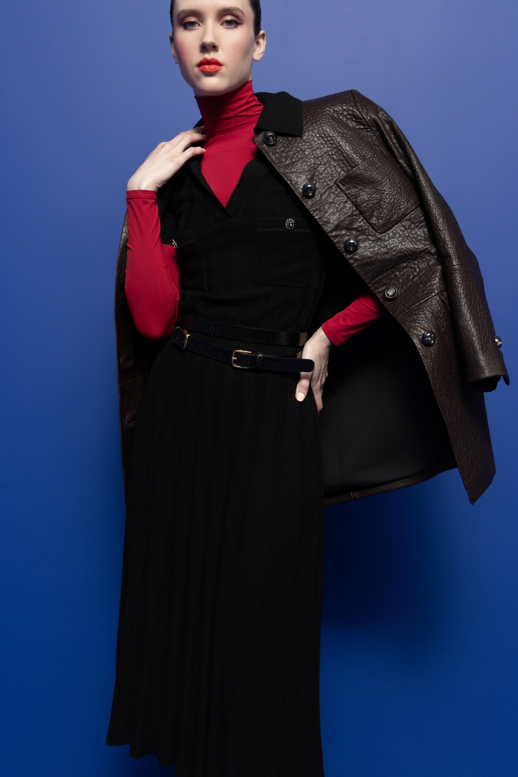 brown leather long-sleeve collared structured buttoned jacket