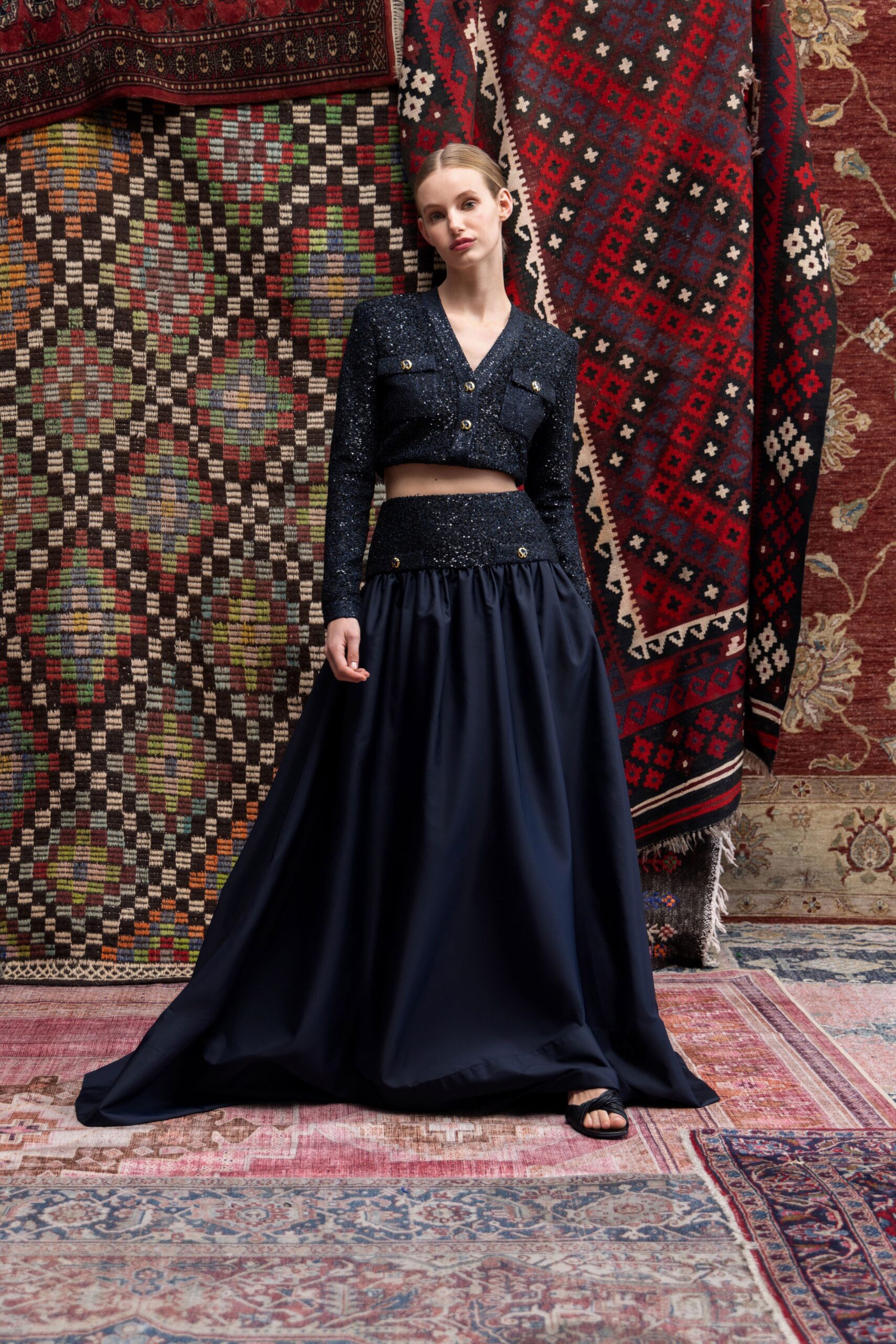 black silk long-sleeve v-neck fitted embroidered shiny top