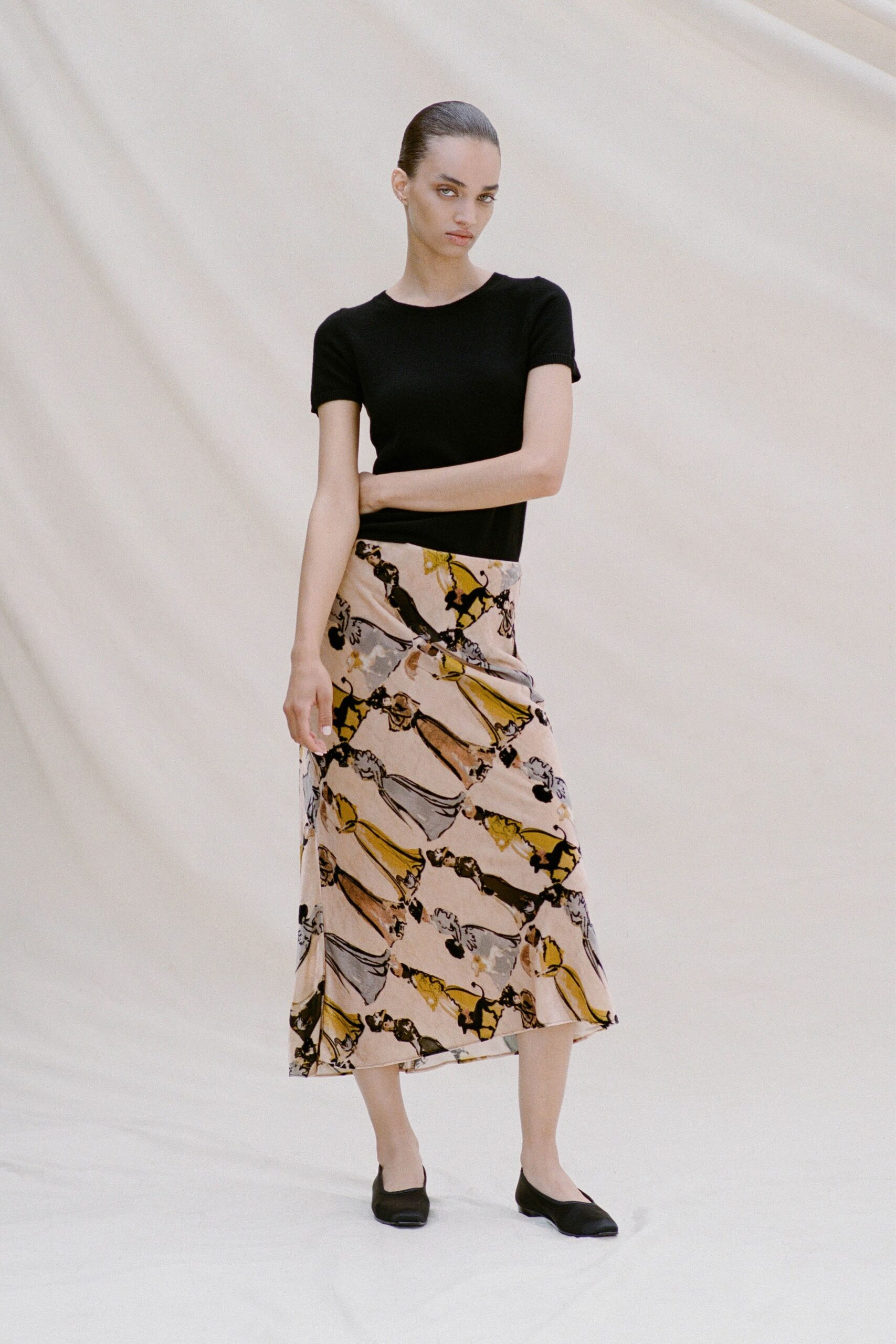 multi silk relaxed high-waisted pleated midi skirt
