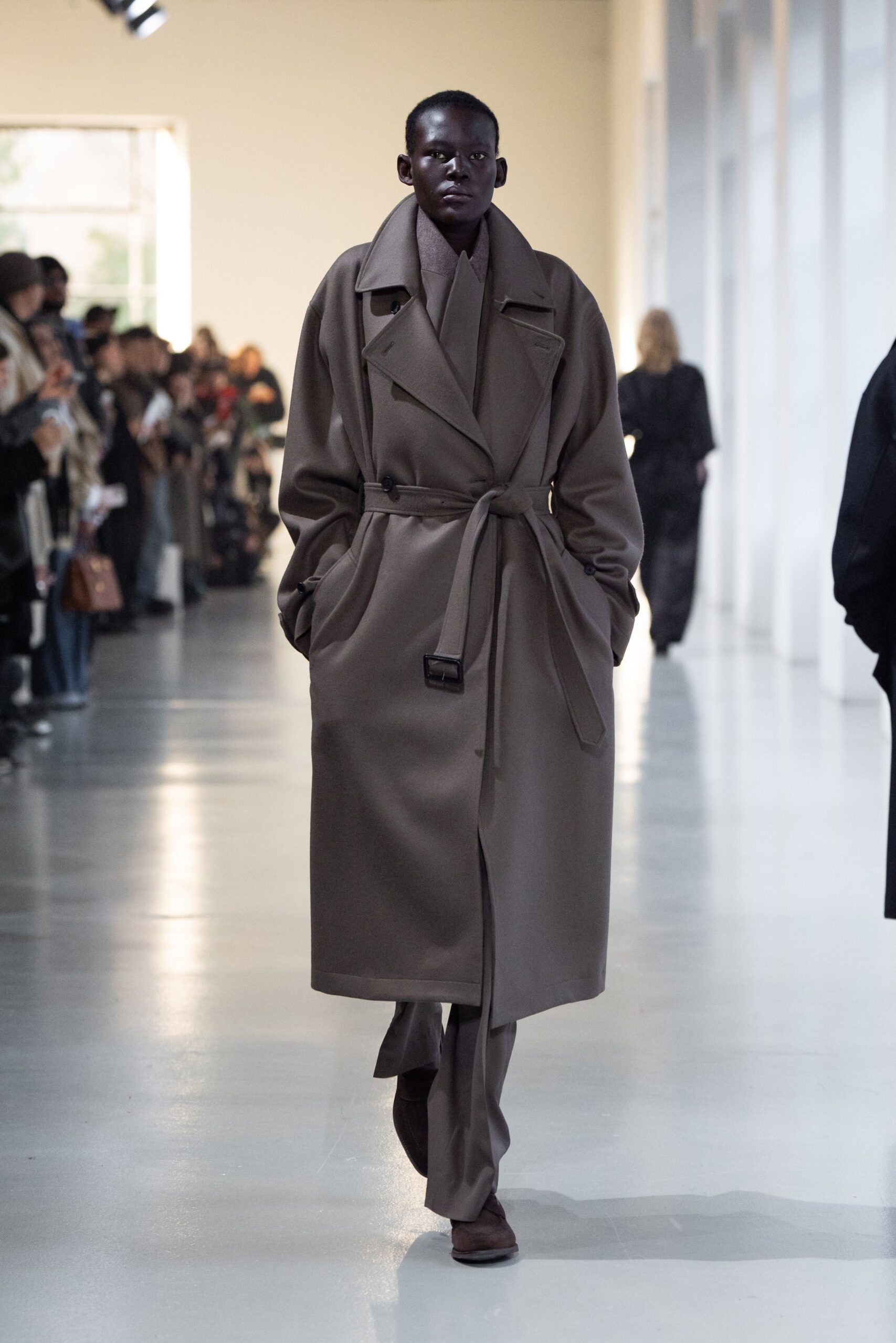 brown wool coat with tailored pants