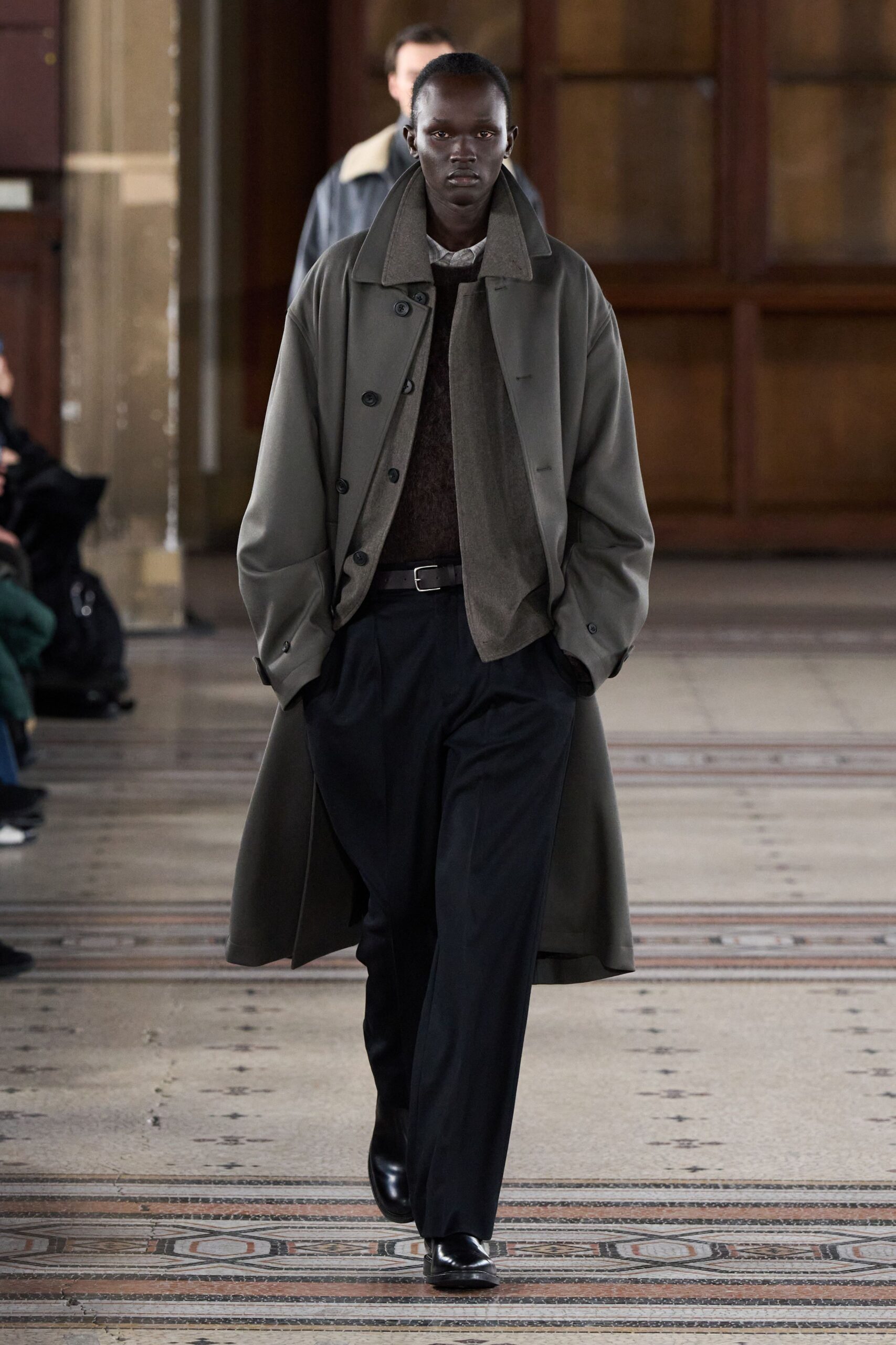 gray oversized coat with brown sweater