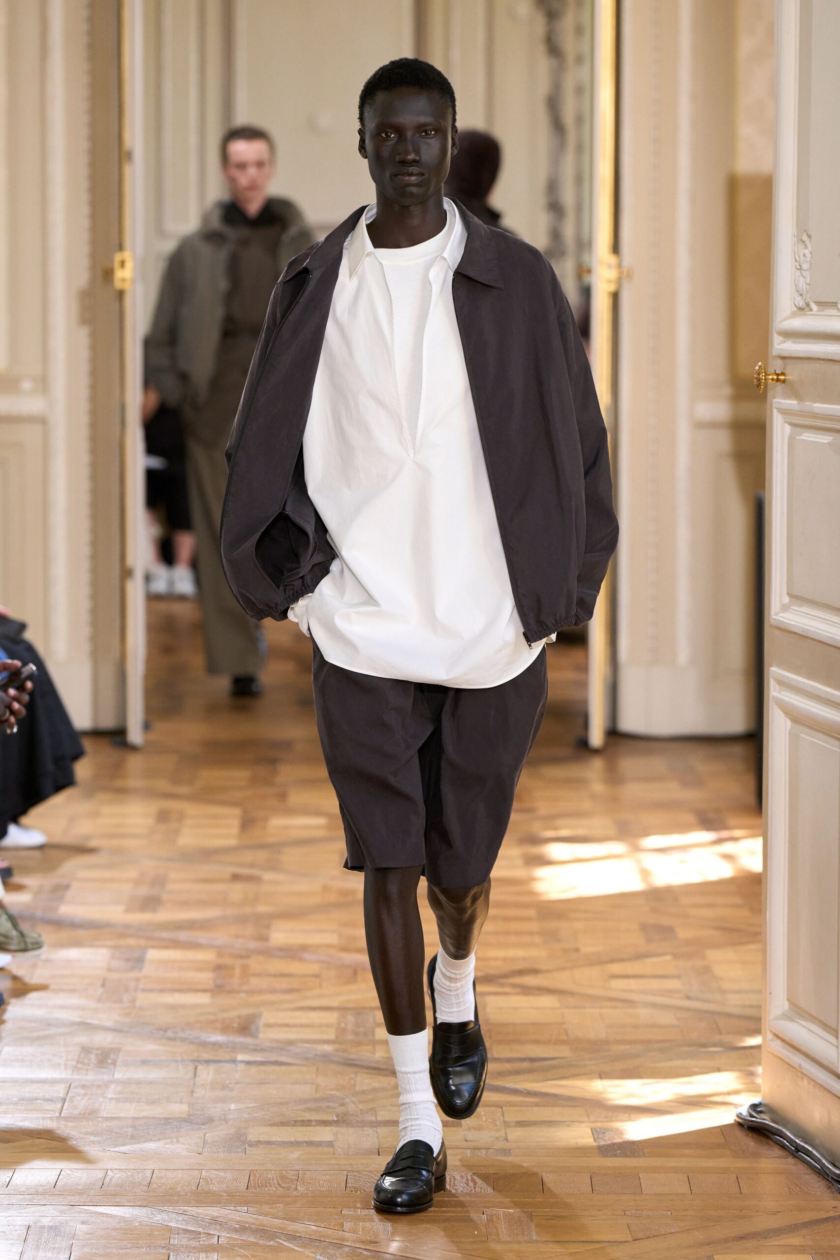 brown relaxed jacket with white shirt