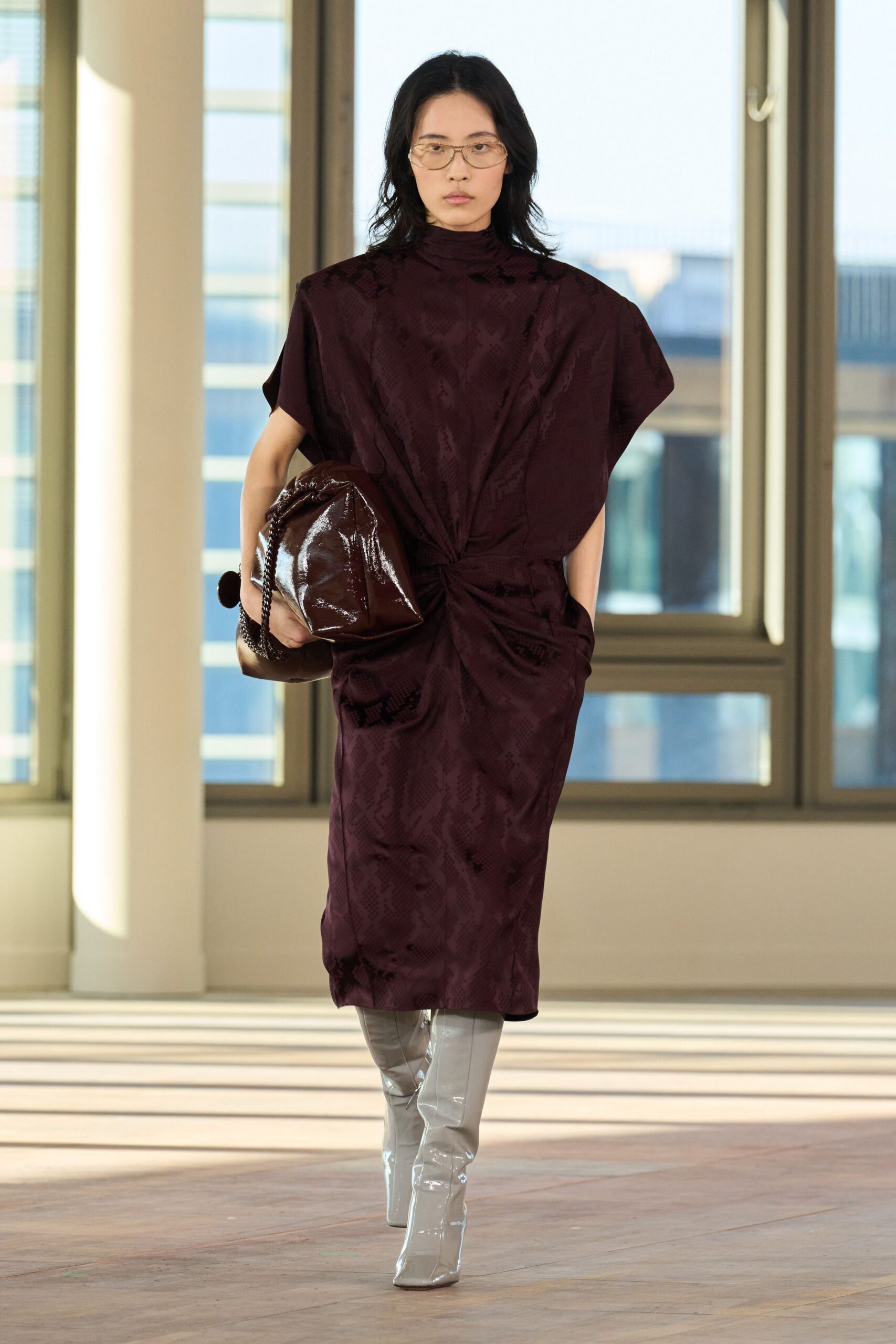 maroon silk high-neck short-sleeve relaxed draped midi dress