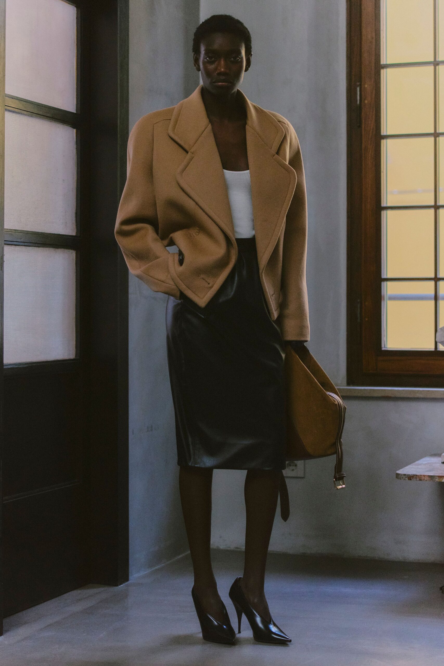 beige wool long-sleeve collared oversized buttoned jacket