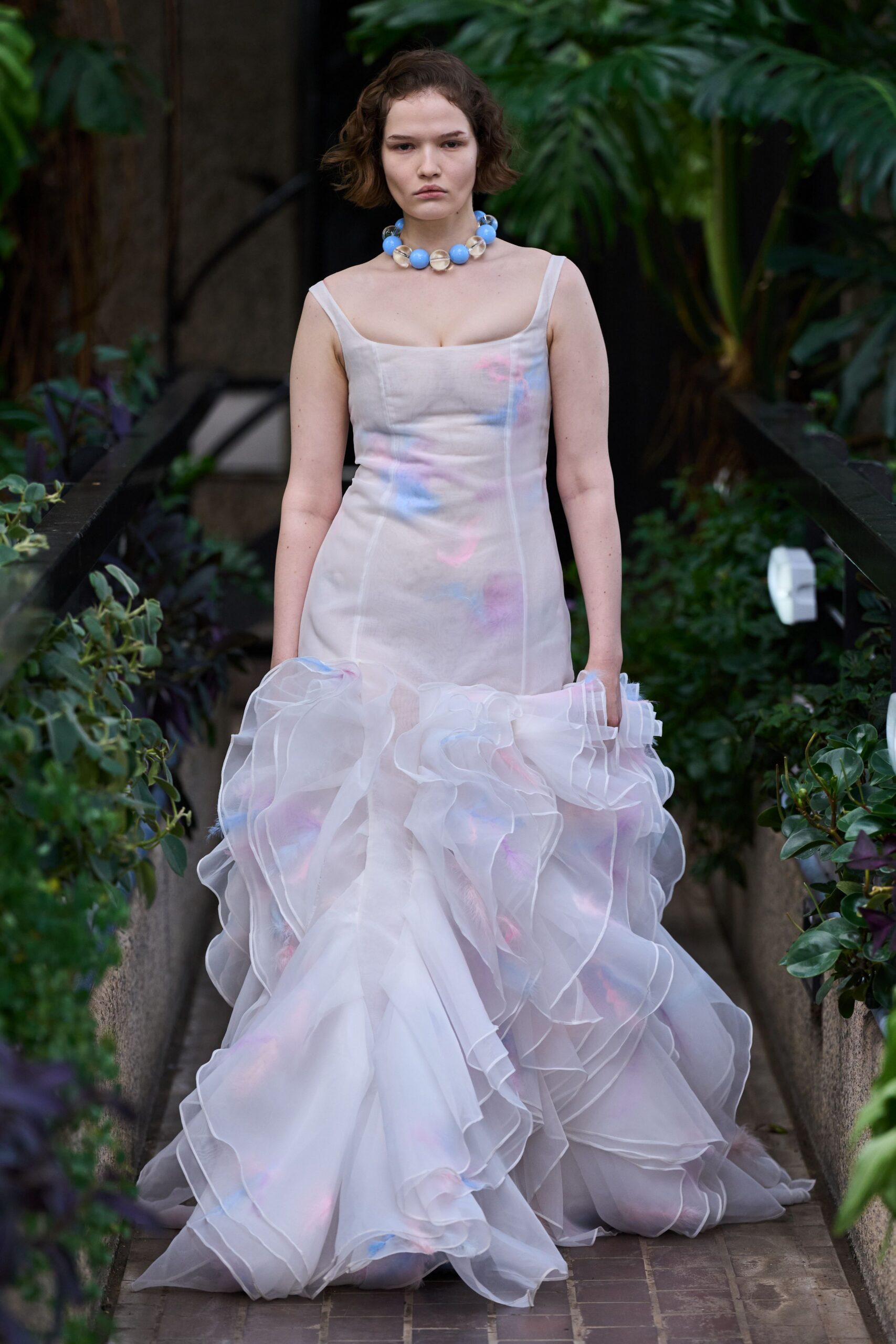 white layered ruffled gown