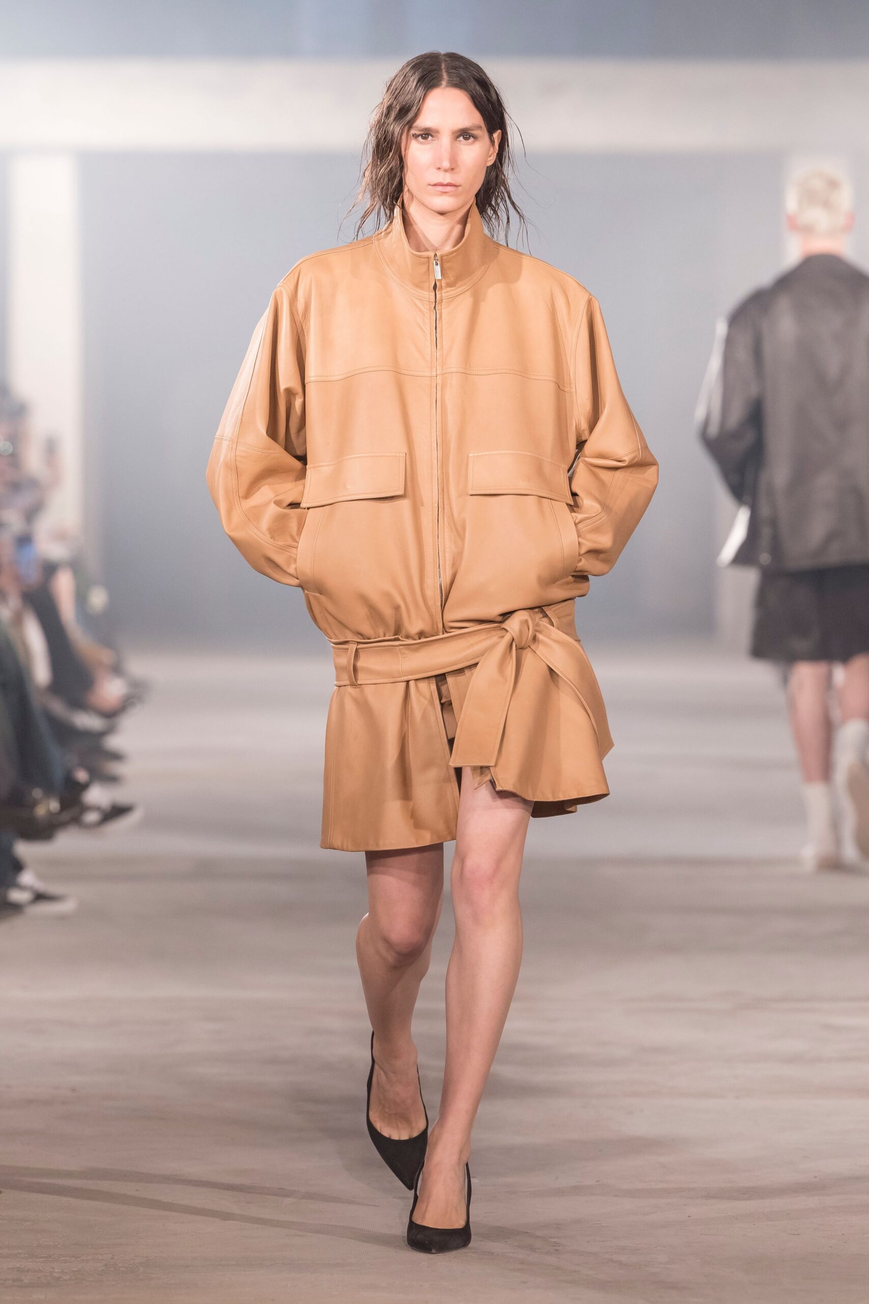 beige leather long-sleeve collared relaxed zippered jacket