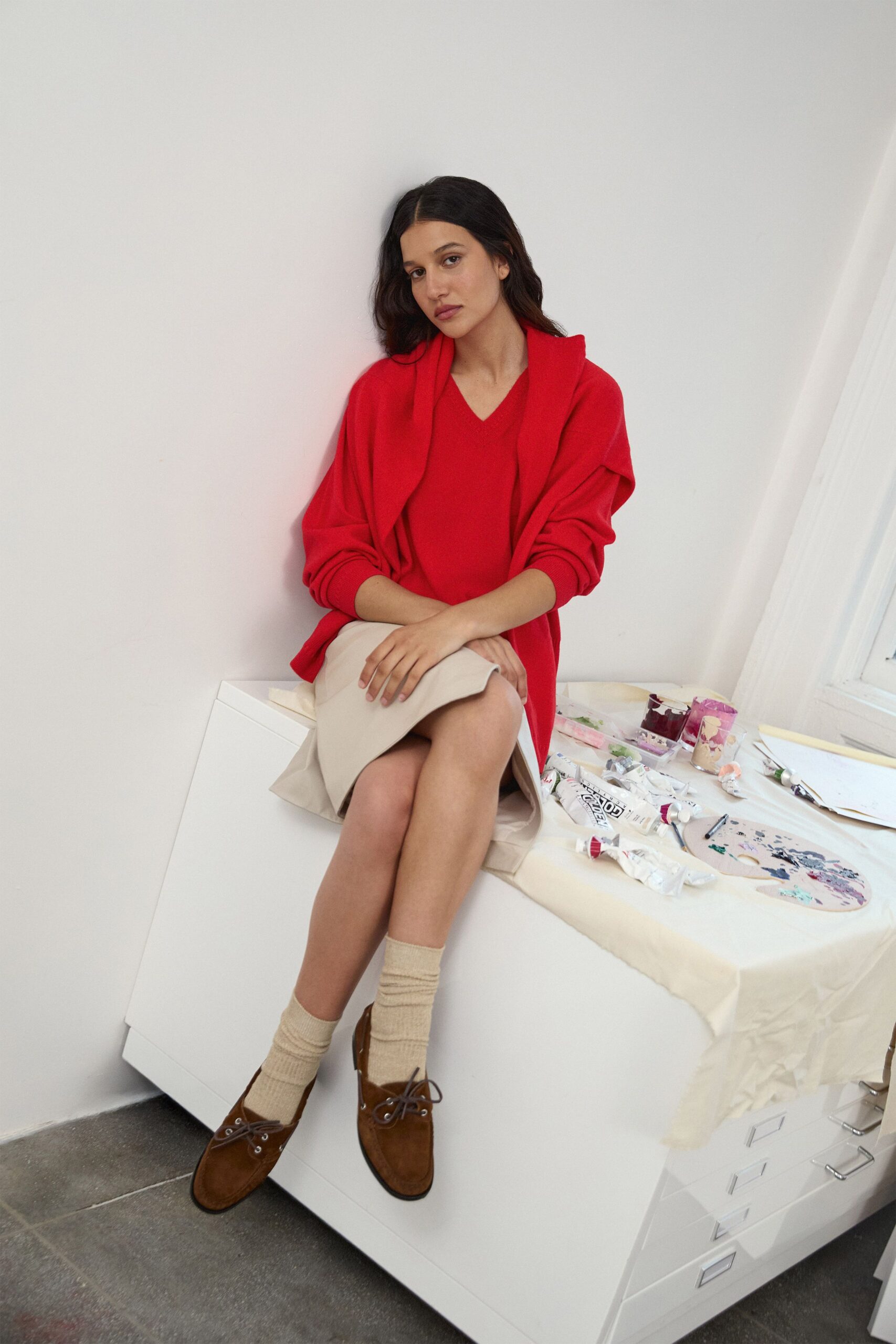 red cotton short-sleeve v-neck relaxed top
