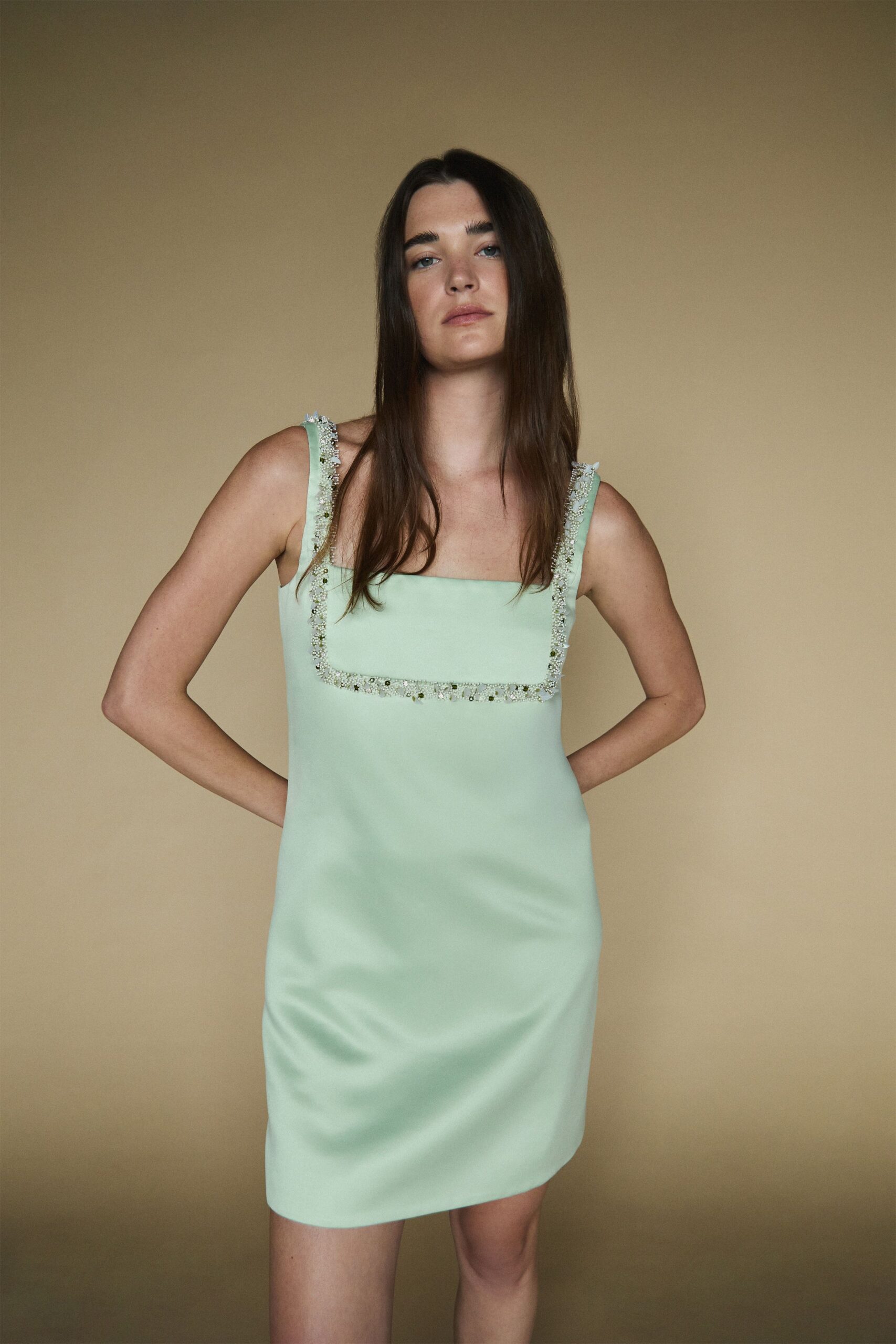 fitted green silk mini dress