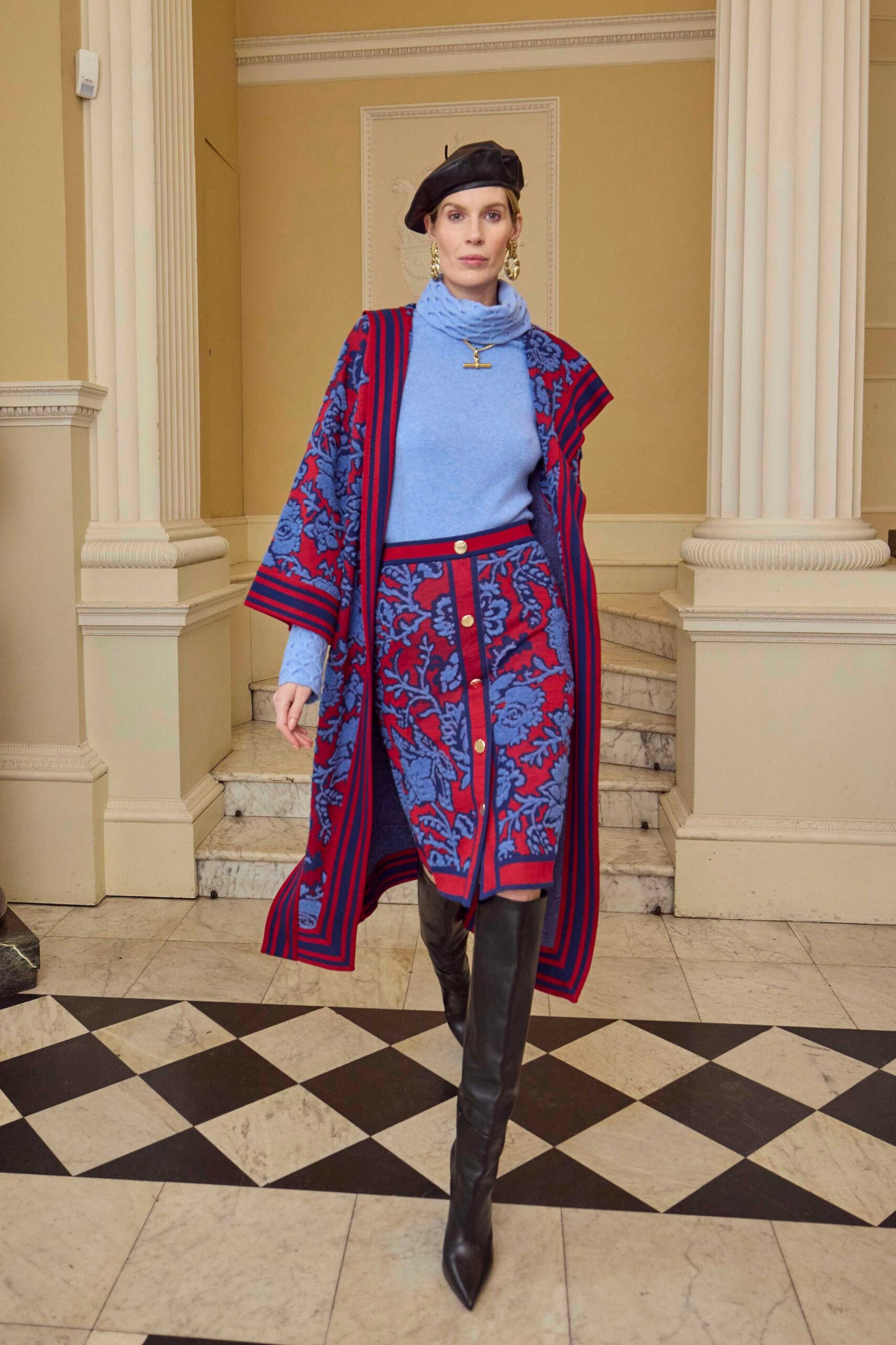 blue wool fitted buttoned embroidered skirt
