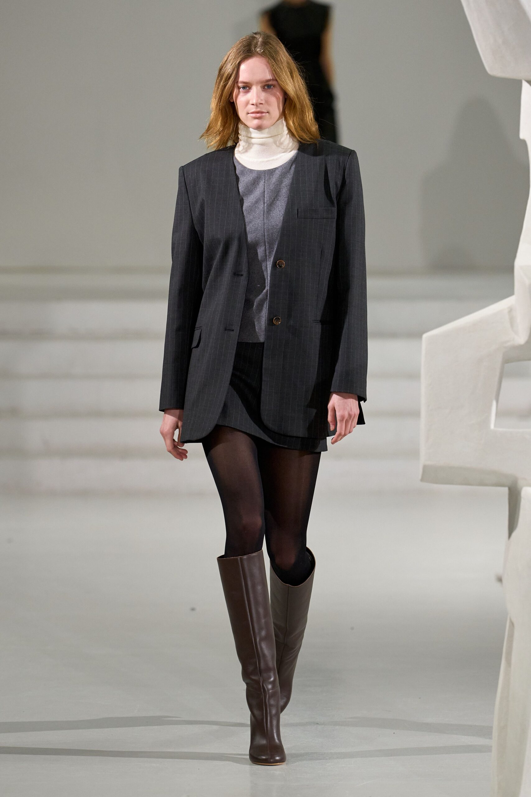 black blazer gray turtleneck mini skirt