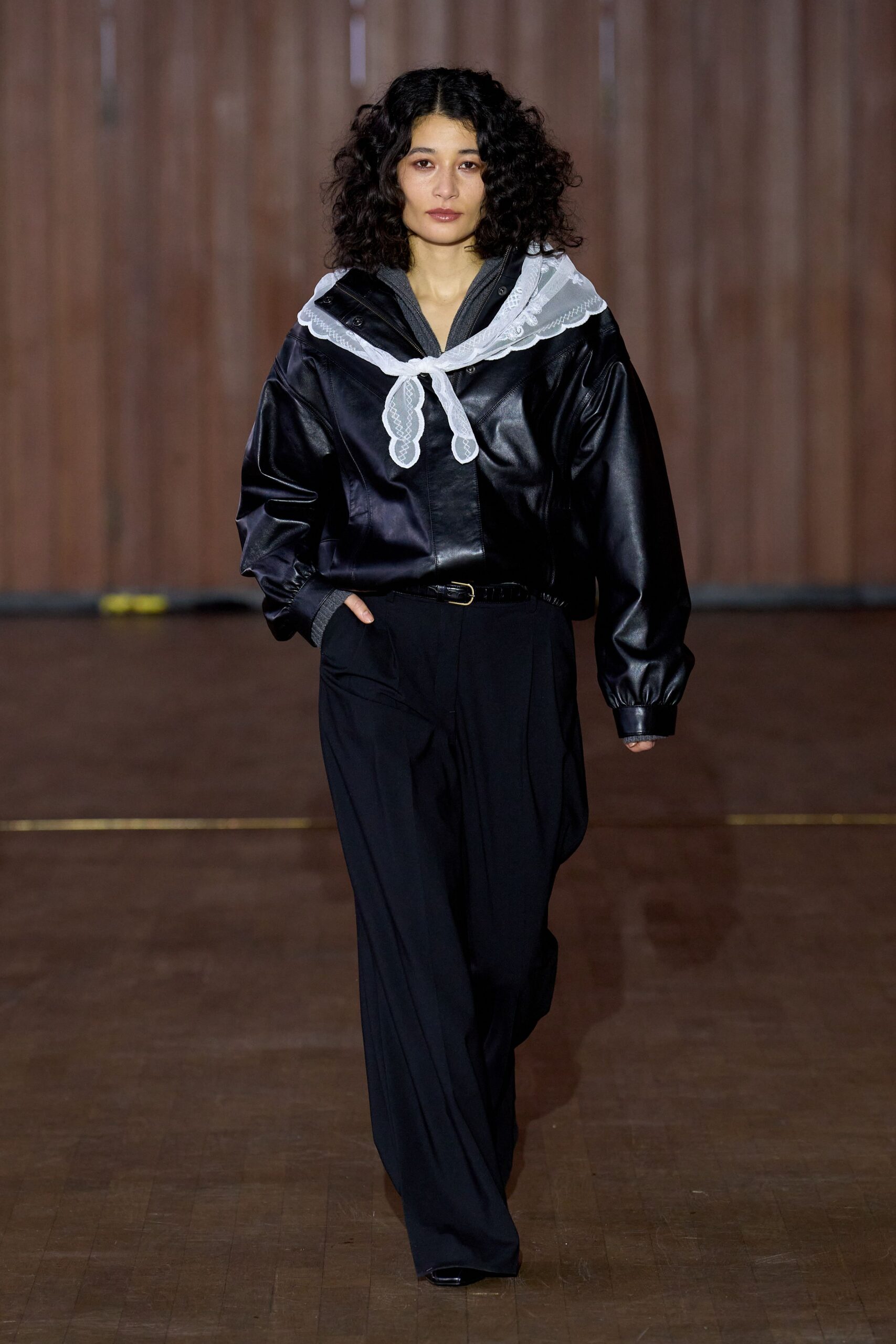 black leather long-sleeve collared relaxed ruffled jacket