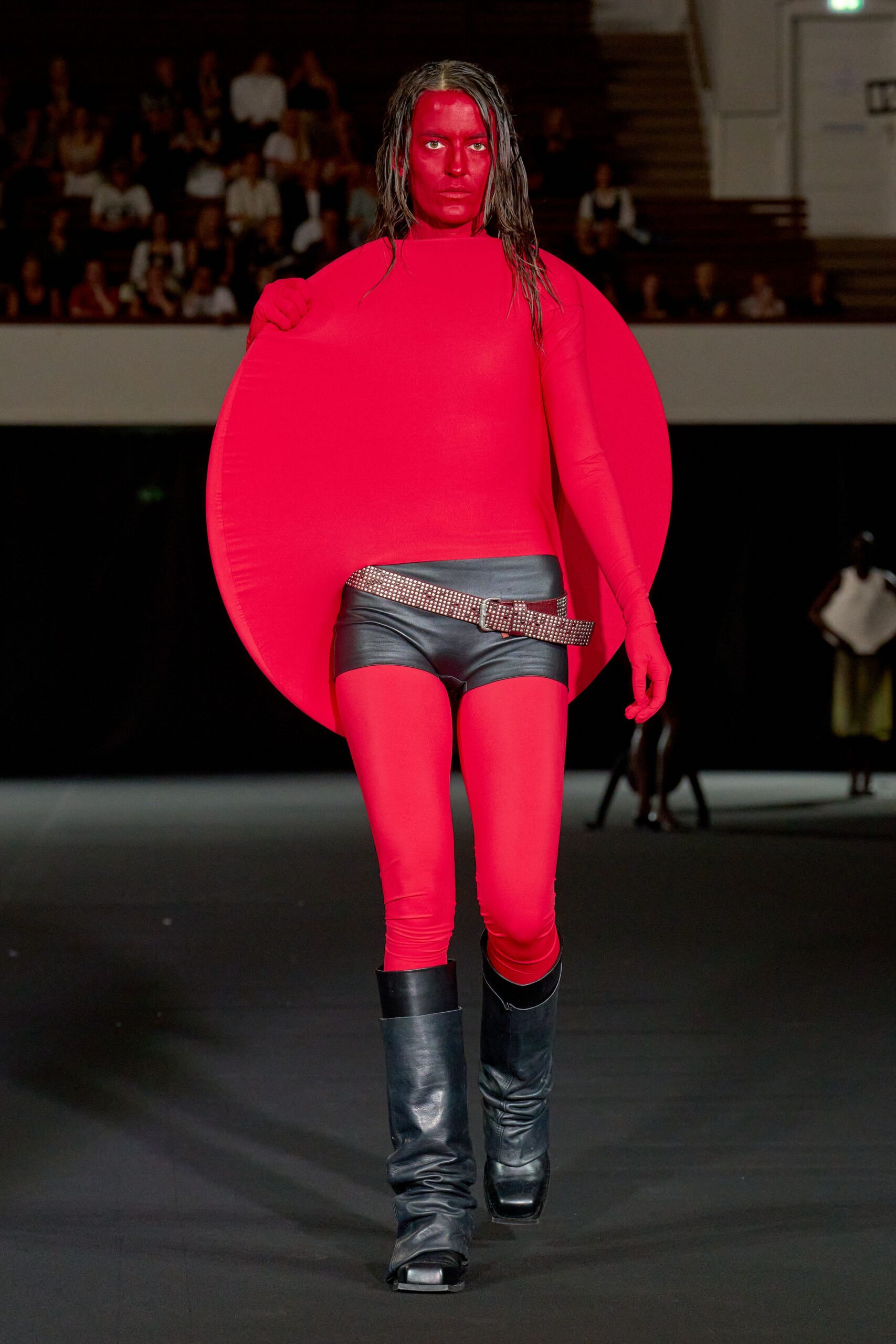 red cotton long-sleeve high-neck fitted top
