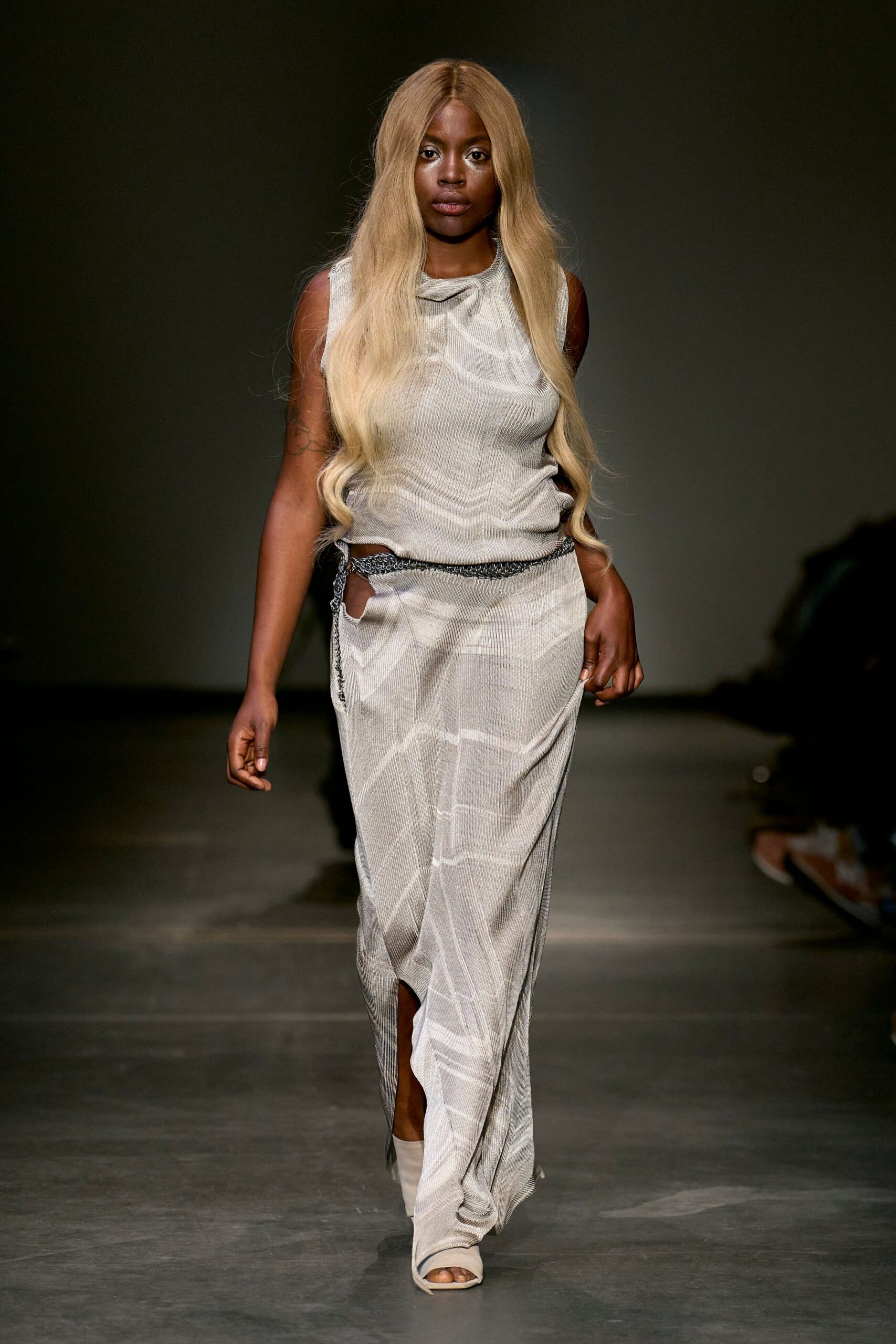 gray silk sleeveless high-neck fitted textured sheer gown