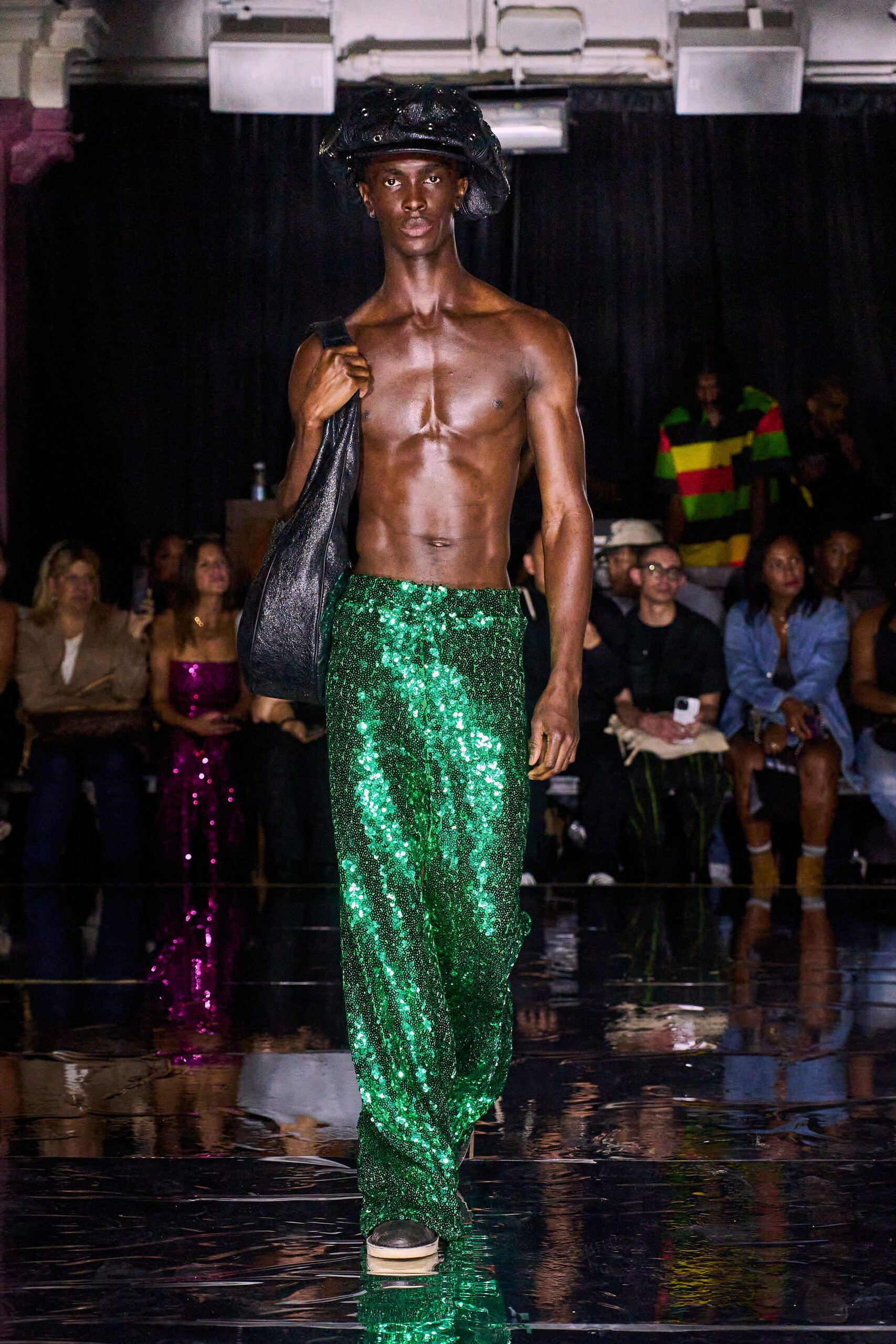 green sequin relaxed flared shiny pants