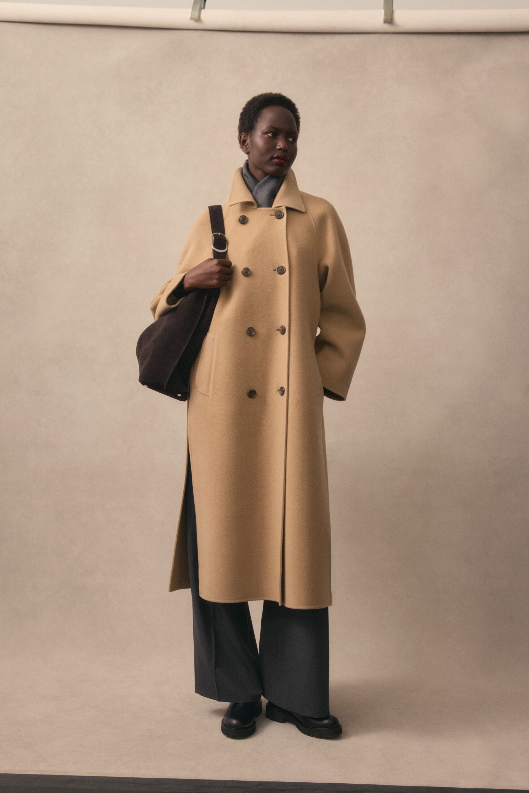 beige wool long-sleeve collared relaxed buttoned maxi coat