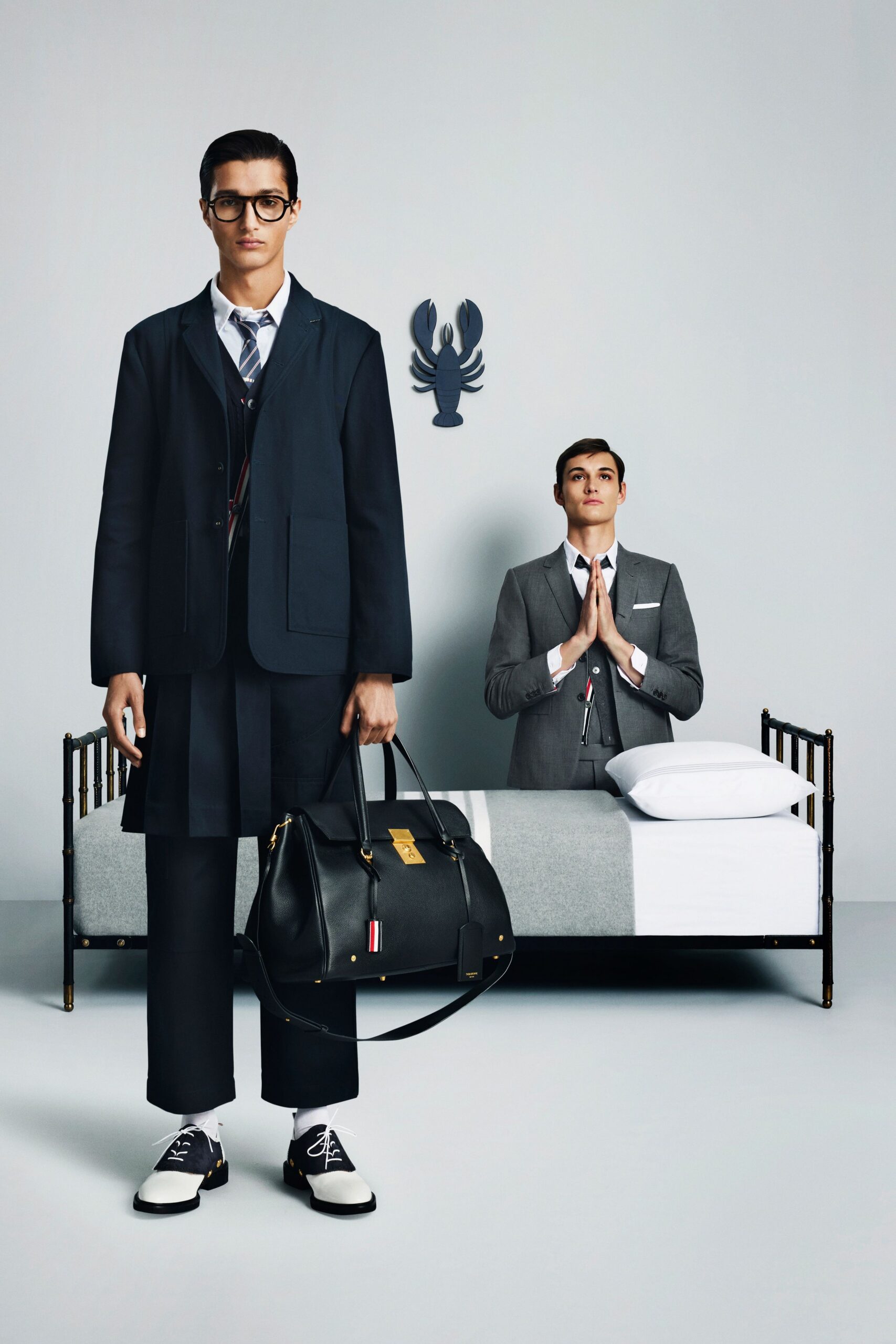 black long-sleeve collared structured suit