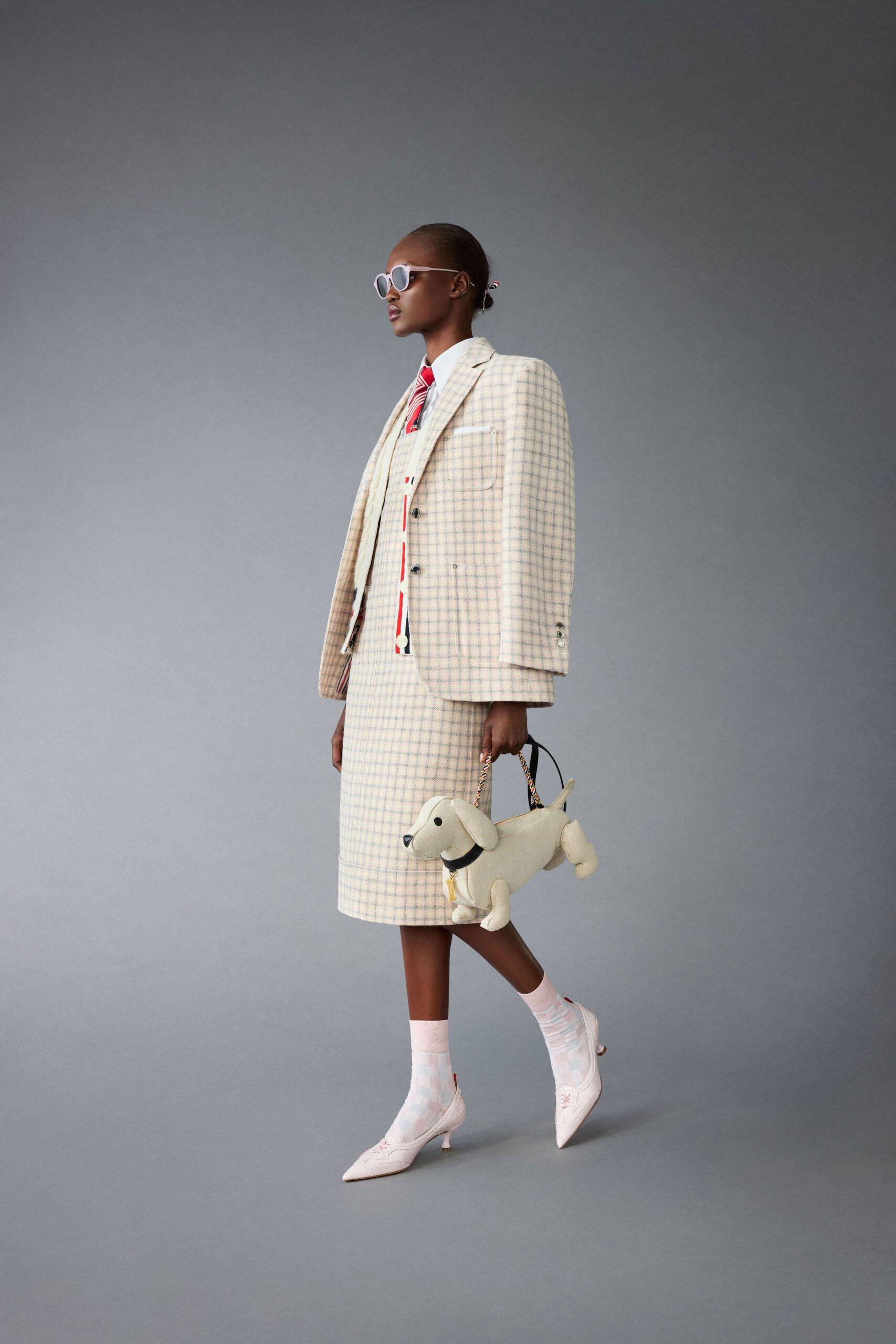 beige checked blazer and skirt