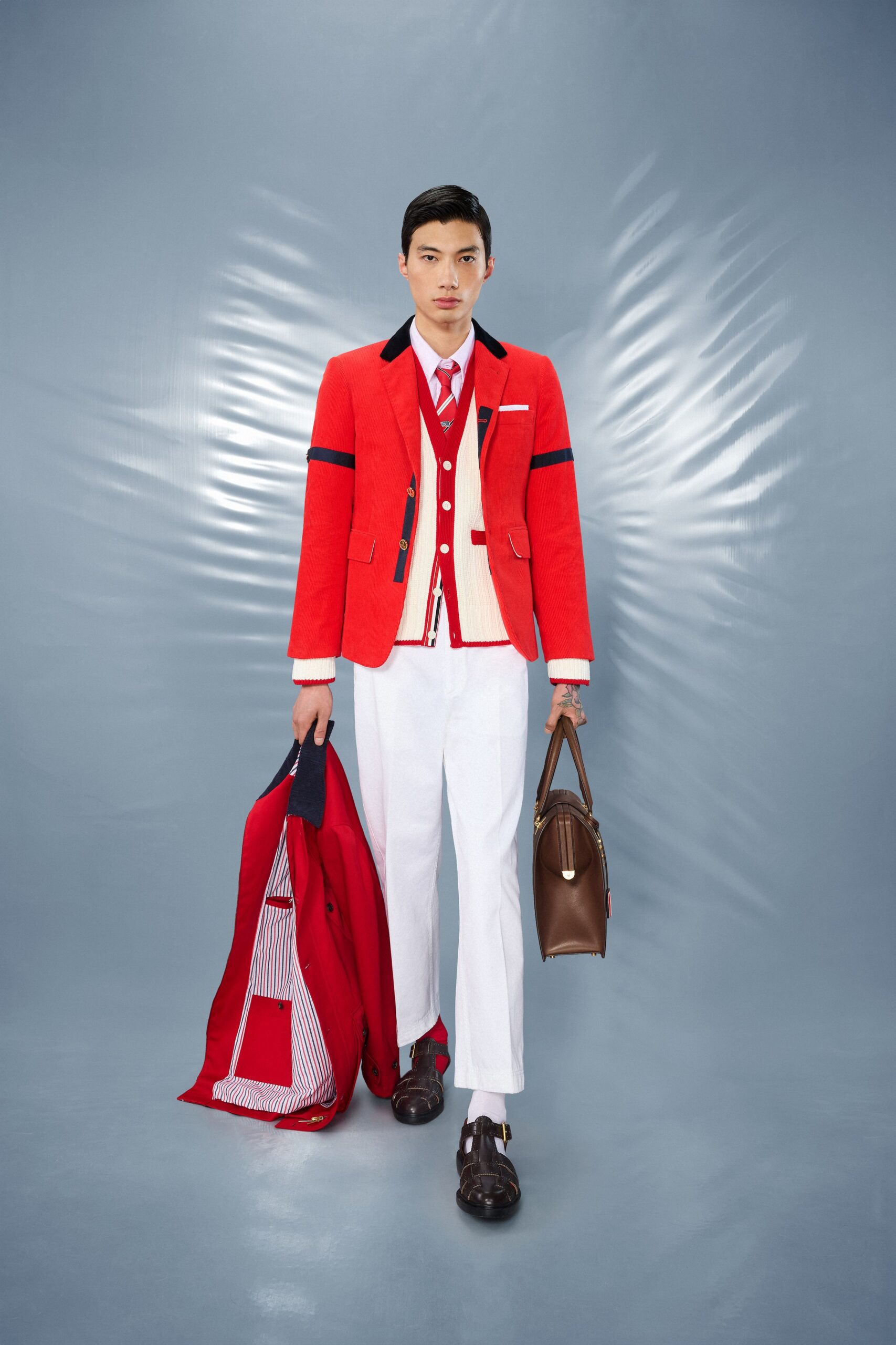 red cotton long-sleeve collared tailored buttoned blazer