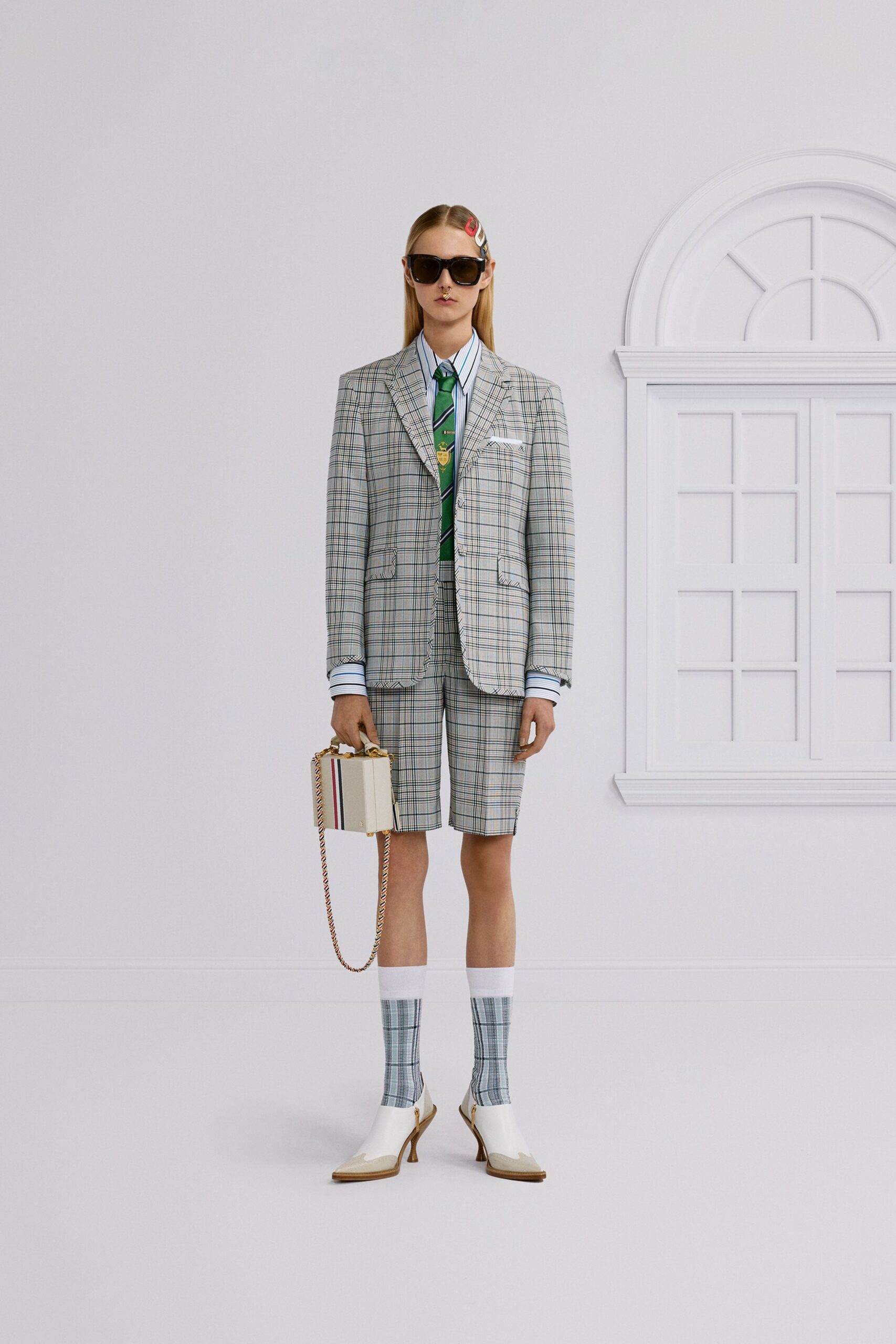 tailored gray checked blazer and shorts
