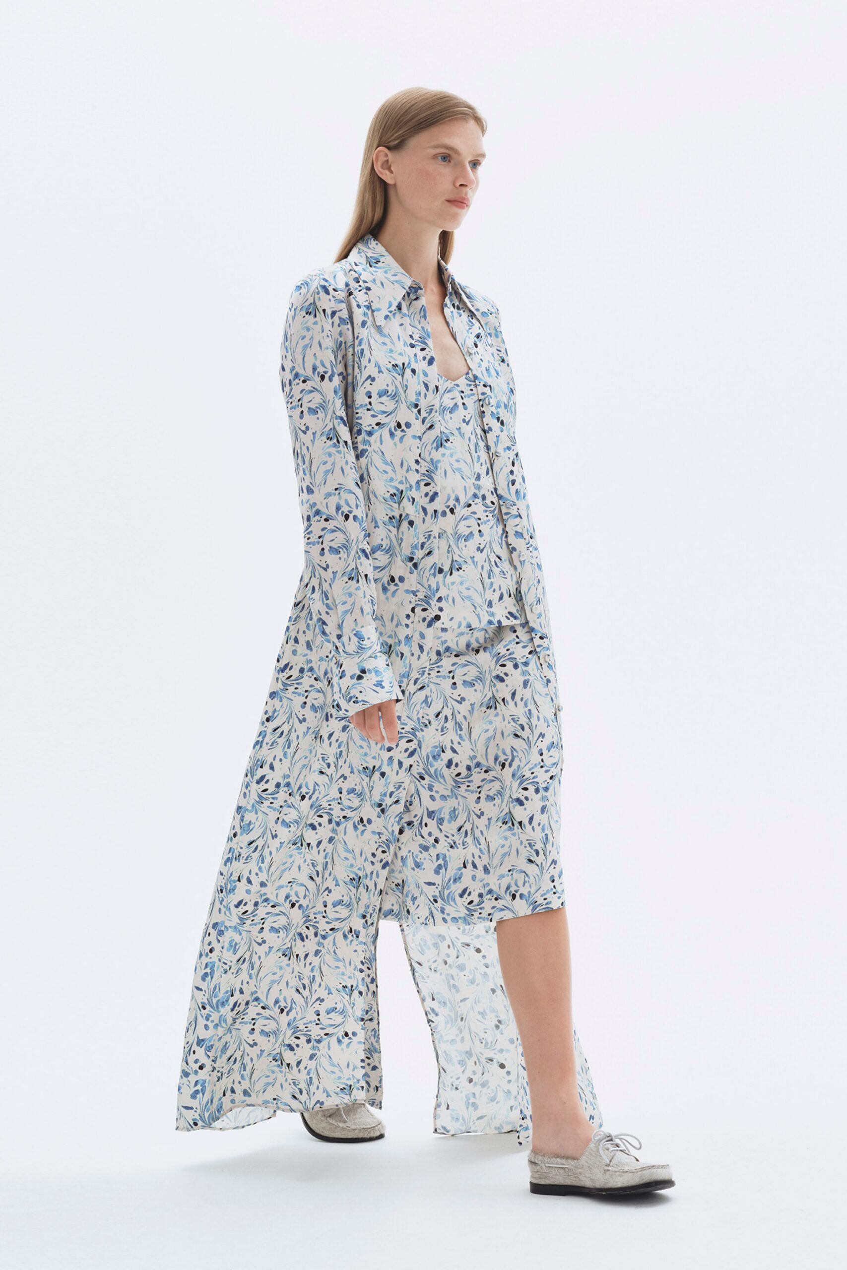 white cotton long-sleeve collared relaxed floral layered dress