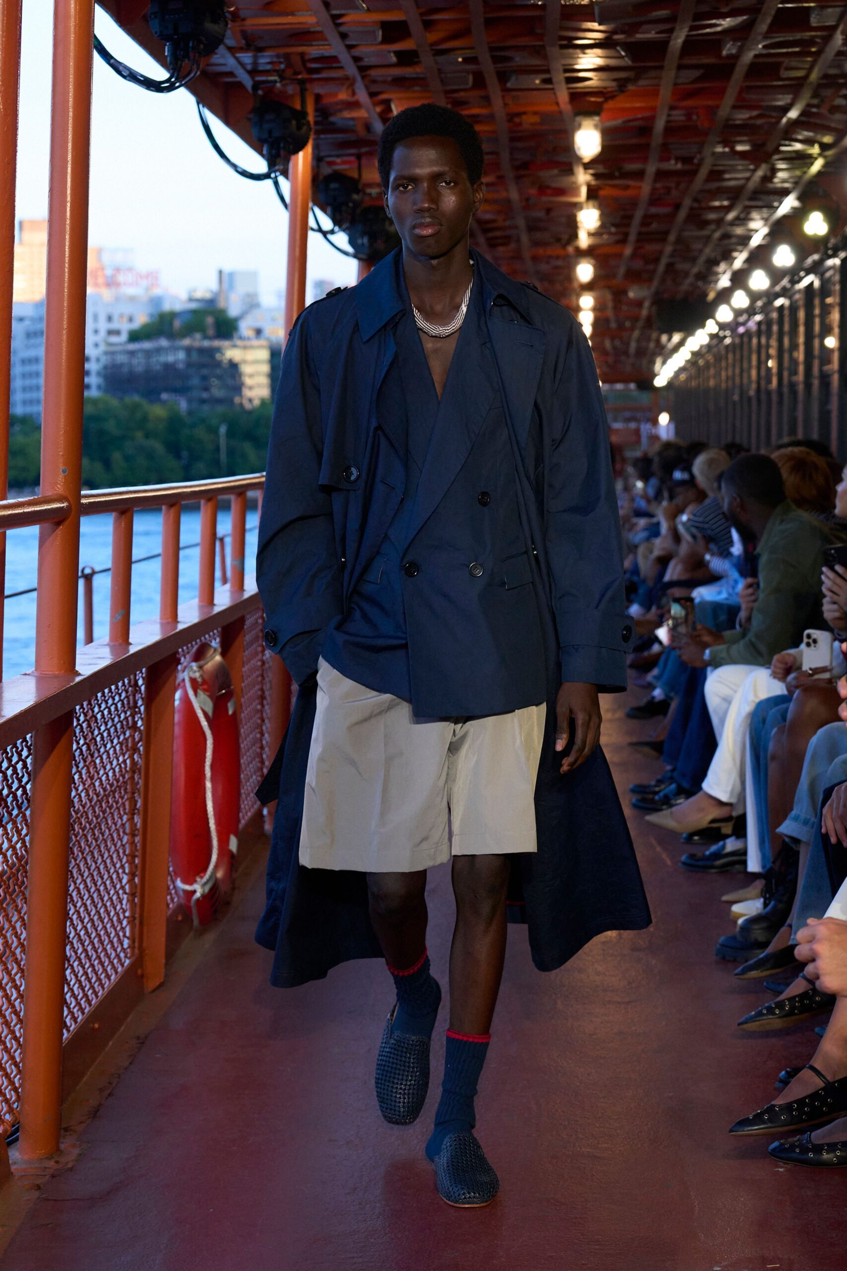 blue cotton long-sleeve collared relaxed trench