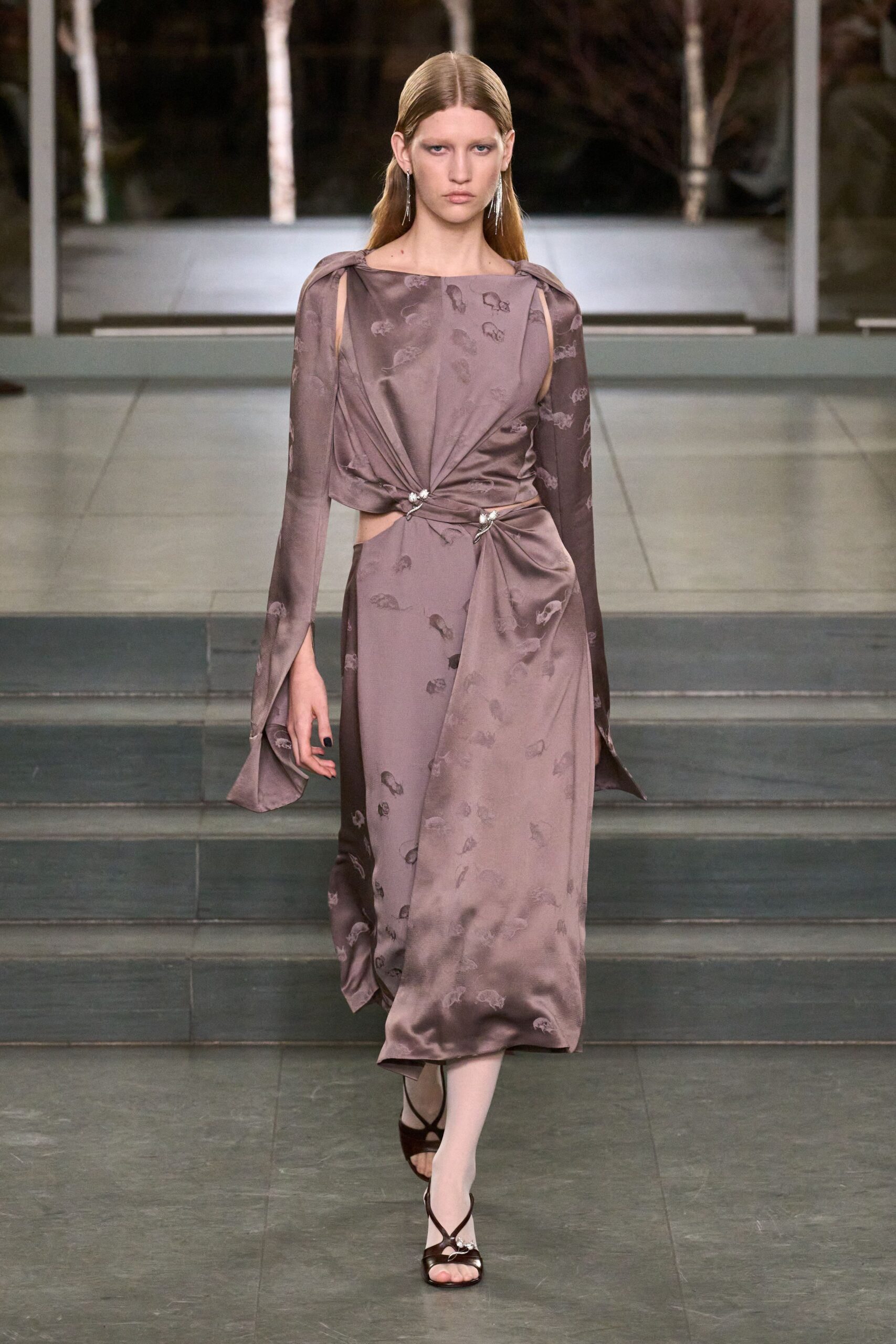 purple silk long-sleeve v-neck fitted draped embellished dress